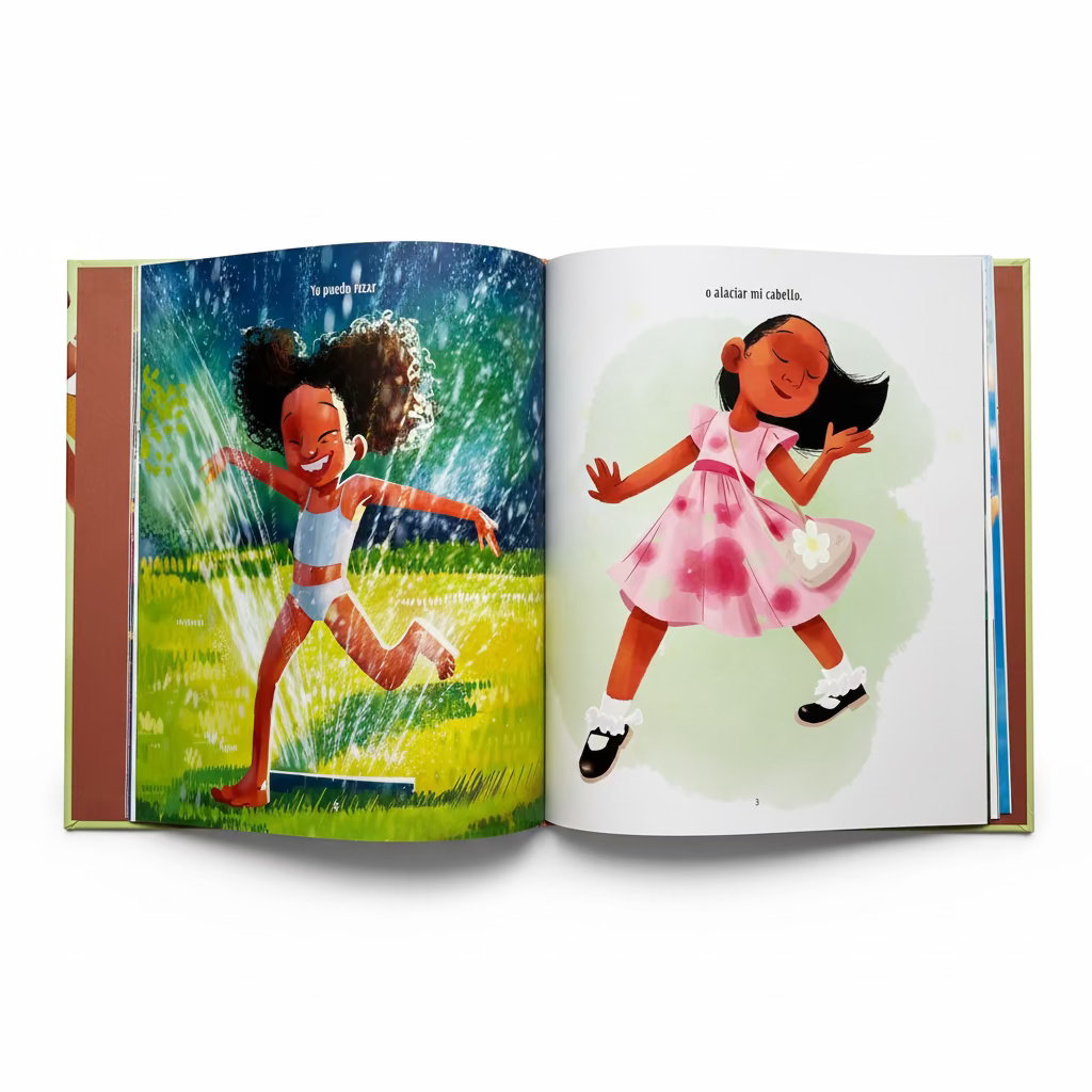 My Hair Can – Spanish Christian Picture Book for Kids | Mi Cabello Puede | Ages 4–7. Interior spread of Mi Cabello Puede – Spanish Christian picture book with illustrated diverse children celebrating natural hair and God-given uniqueness for ages 4–7
