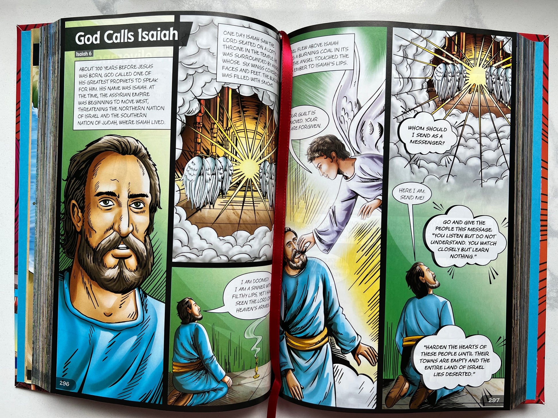 Interior pages of BibleForce: The First Heroes Bible showing illustrated comic panels with biblical heroes and faith-based storytelling
