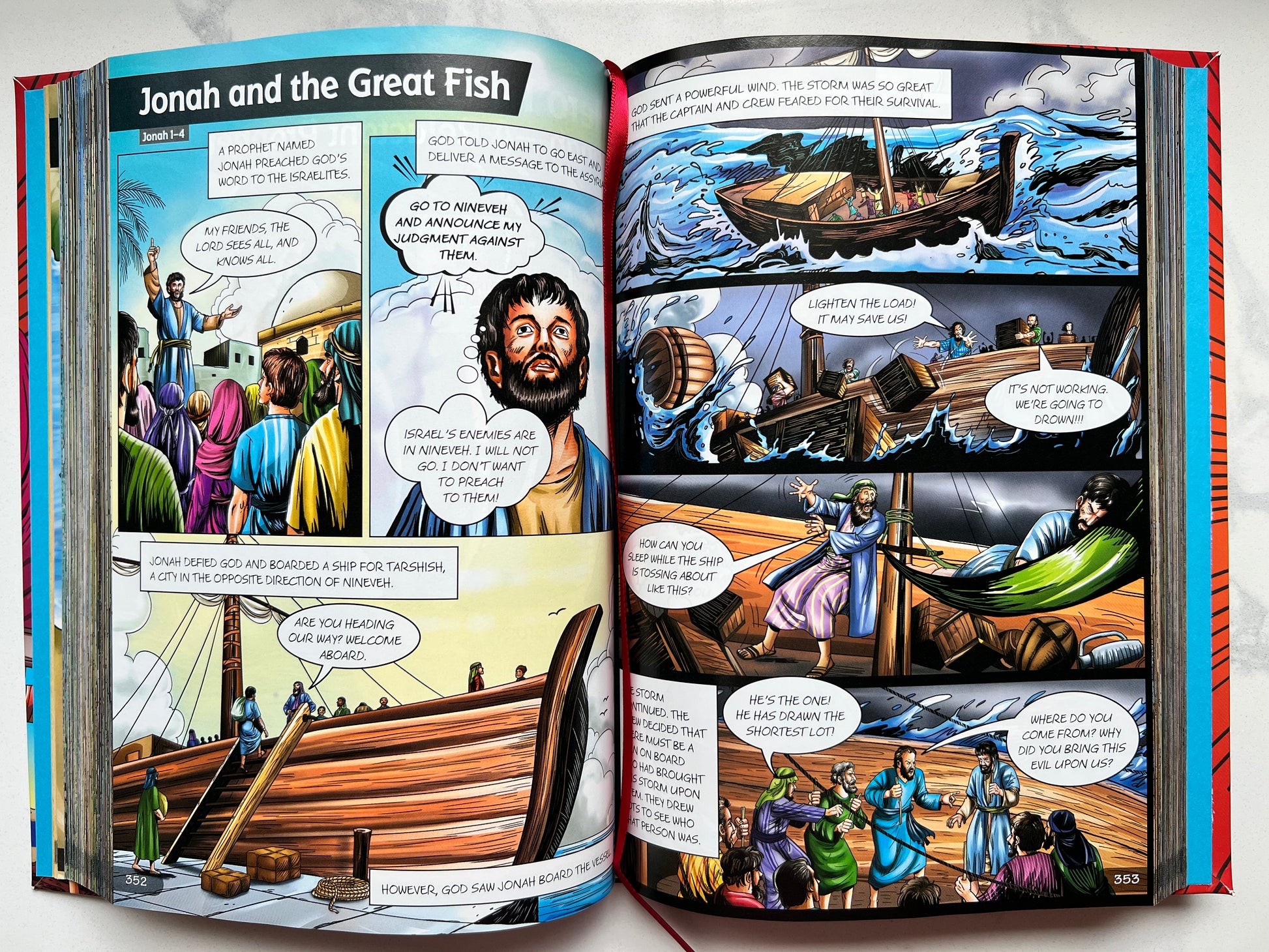 Interior spread of BibleForce: The First Heroes Bible – comic-style illustration of Jonah and the Great Fish – Christian graphic novel Bible for kids ages 7–12
