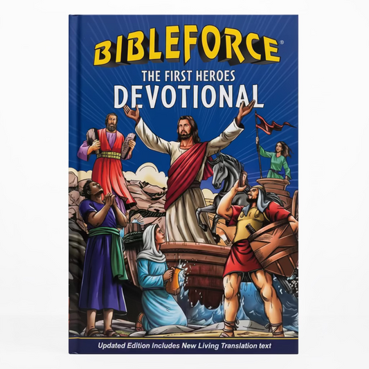 Book titled 'Bibleforce: The First Heroes Devotional' on a marble surface