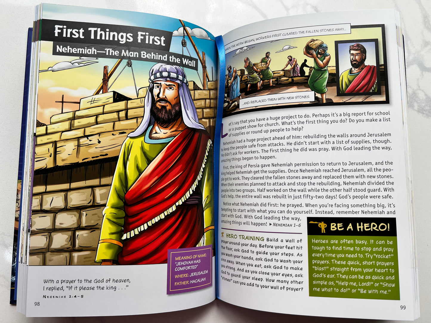 Interior spread of BibleForce Devotional showing illustrated character and daily devotion text for kids