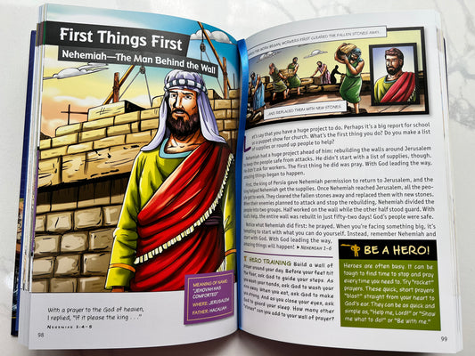 Open book with illustrated character and text on a white background