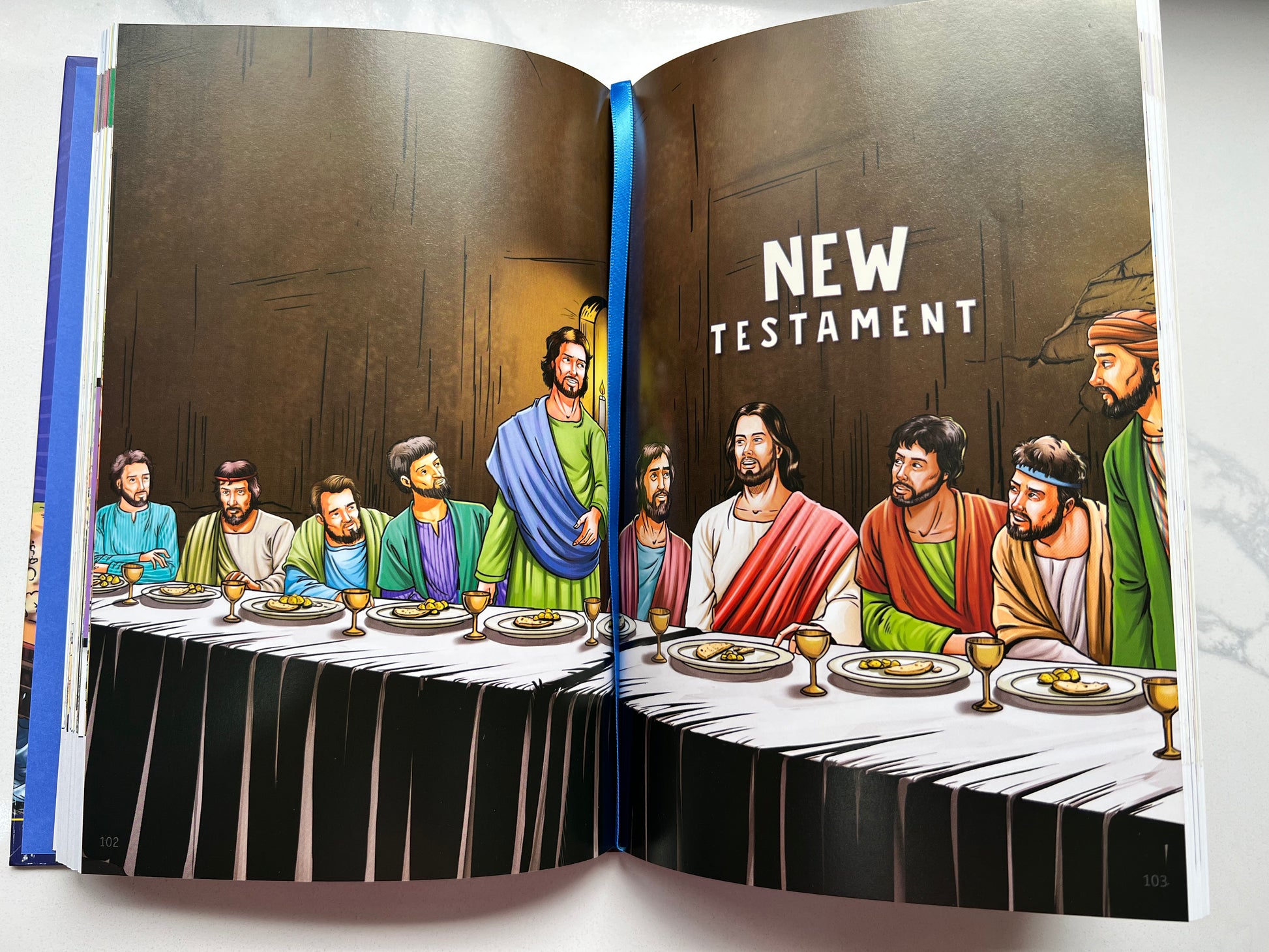 Interior spread of BibleForce Devotional – illustrated Last Supper New Testament scene with daily devotion text for kids ages 7–12