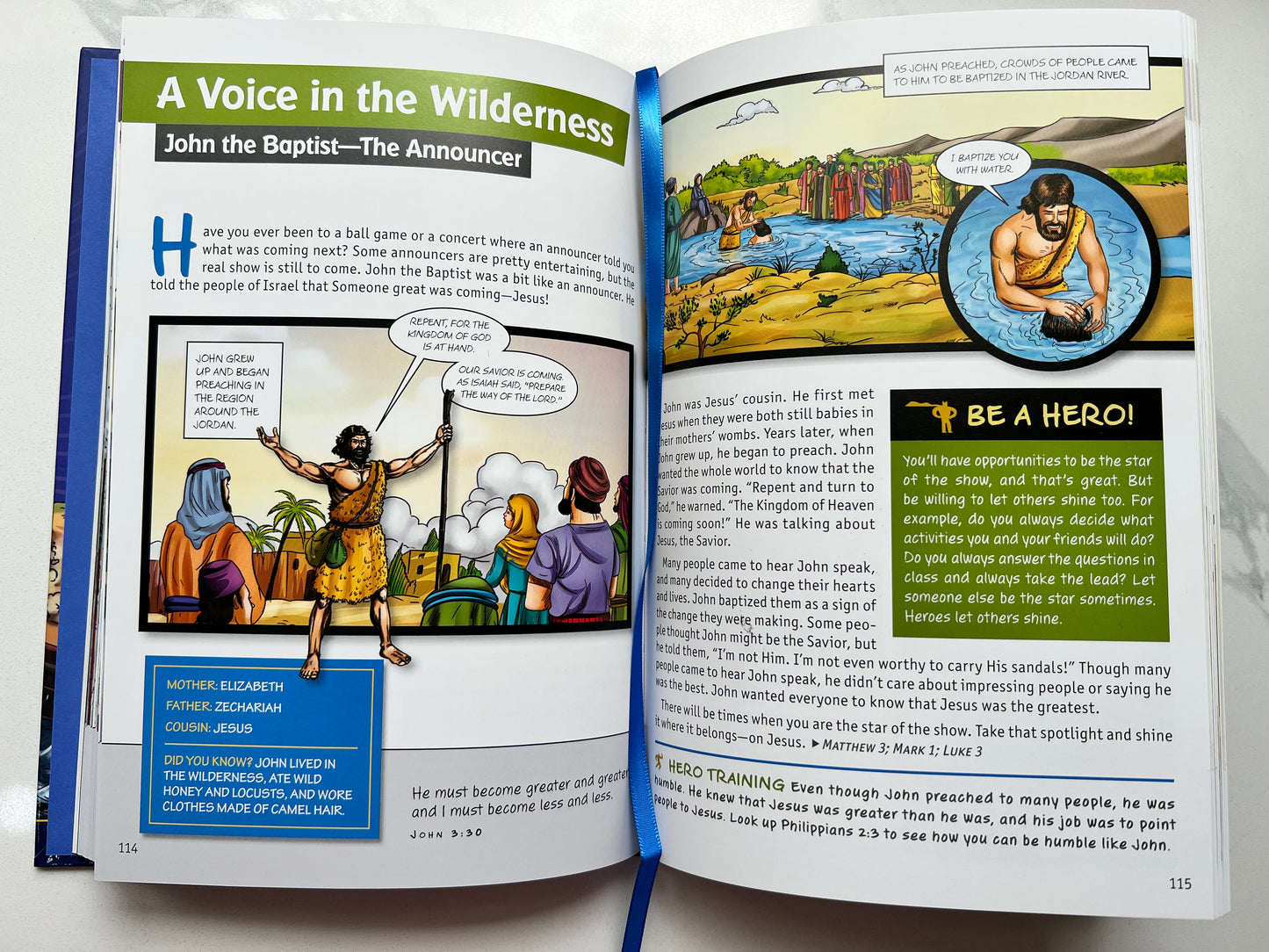 Interior pages of BibleForce Devotional – illustrated biblical heroes with faith-based devotional text for kids ages 7–12 – NLT