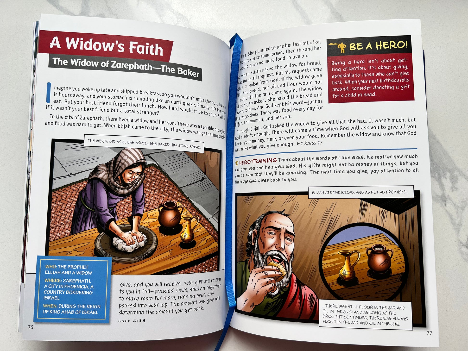 Interior spread of BibleForce Devotional – illustrated Bible hero stories with daily devotion action steps for kids ages 7–12