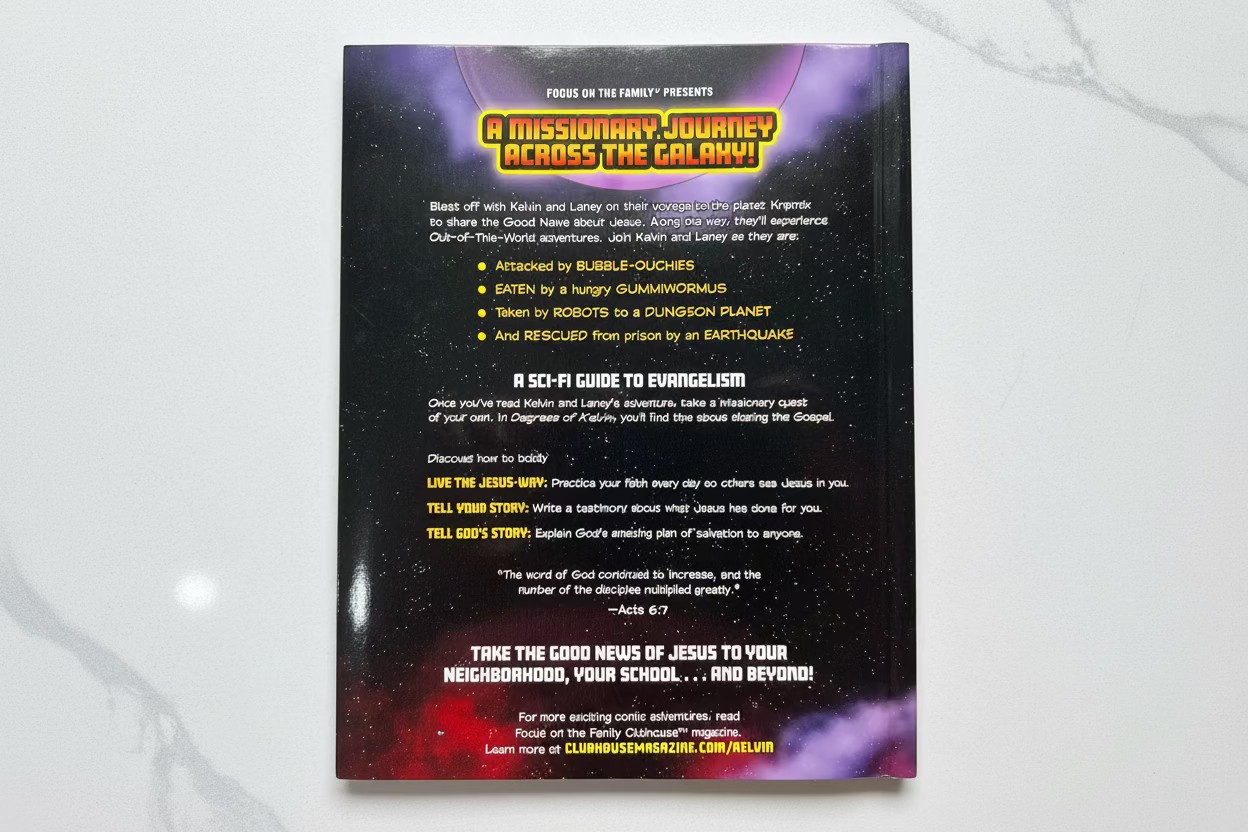 Back cover of Degrees of Kelvin – Christian sci-fi graphic novel for kids ages 8–12 – evangelism and faith – Focus on the Family