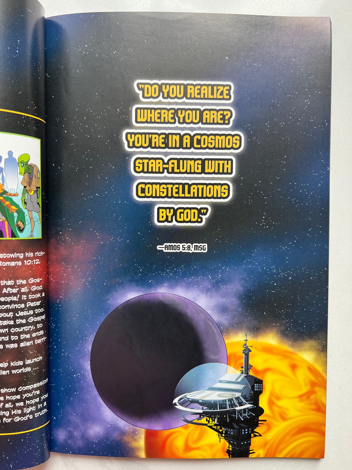 Interior spread of Degrees of Kelvin Christian sci-fi graphic novel with space illustration and faith-based narrative