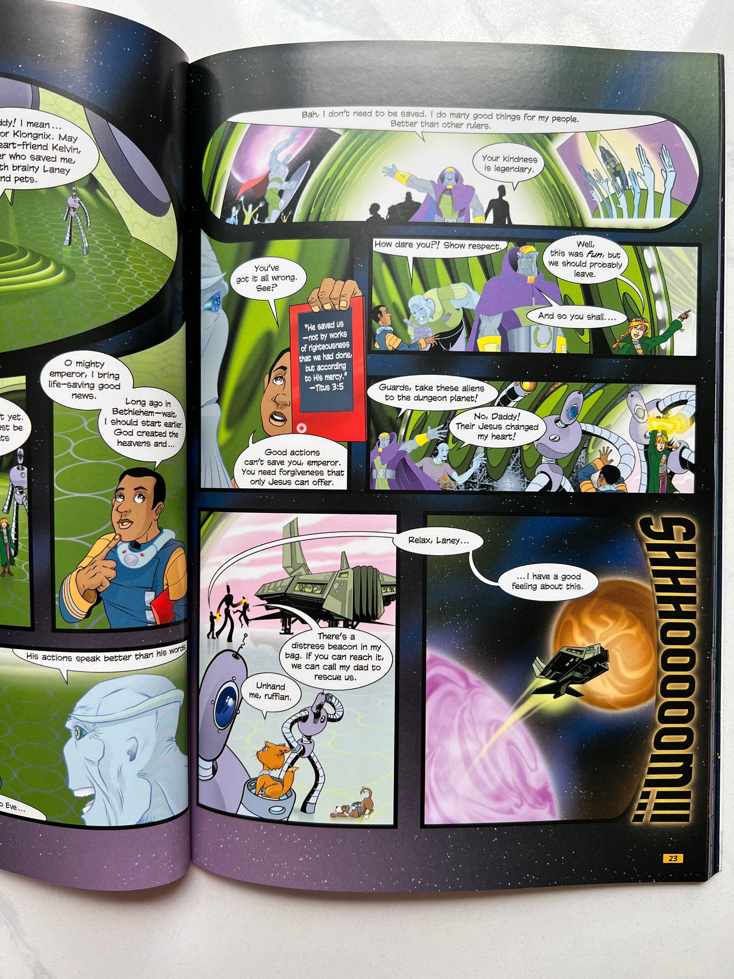 Interior comic panels of Degrees of Kelvin – Christian sci-fi graphic novel with space characters and faith-based storytelling for kids ages 8–12 
