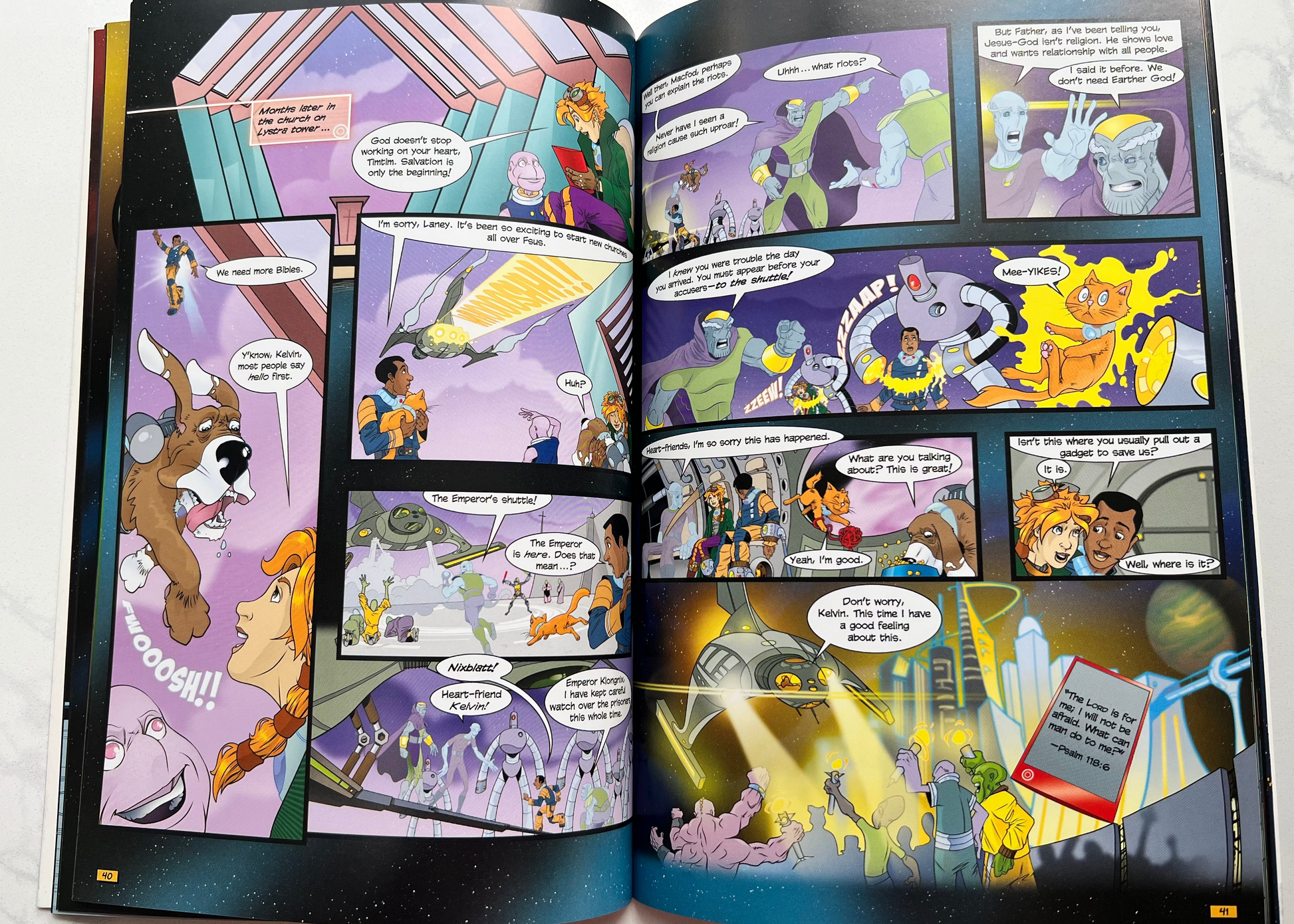 Interior spread of Degrees of Kelvin – colorful comic panels from Christian sci-fi graphic novel for kids ages 8–12 – Focus on the Family