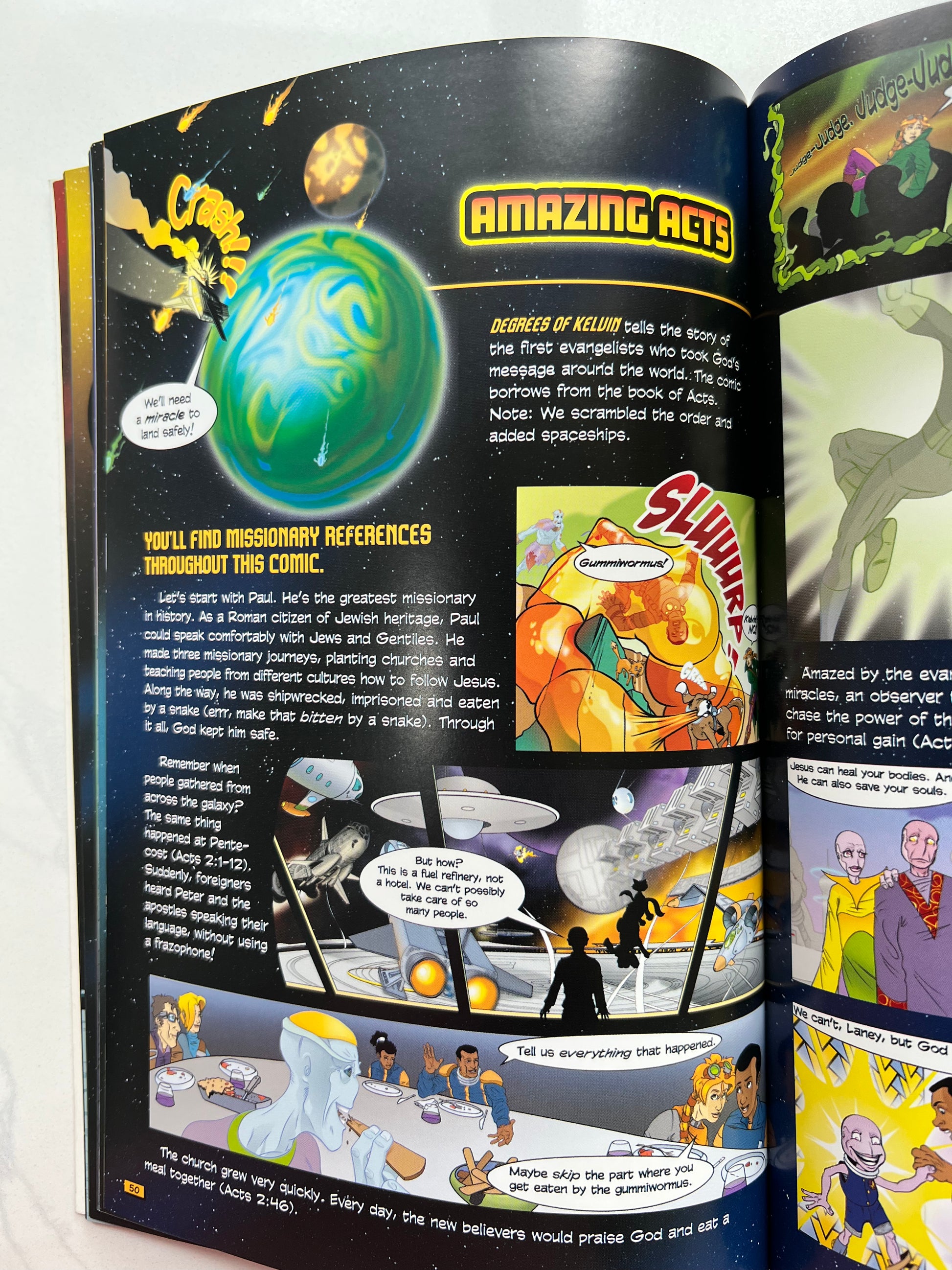 Interior pages of Degrees of Kelvin – illustrated comic panels from Christian sci-fi graphic novel teaching evangelism for kids ages 8–12
