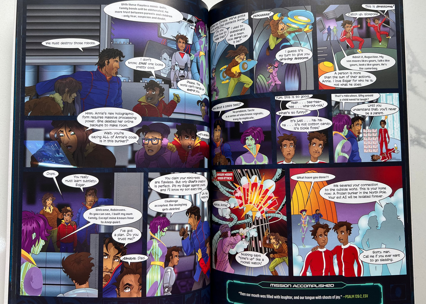 Interior comic panels of Sleuth Family Robinson – illustrated spy adventure pages from Christian graphic novel for kids ages 8–12