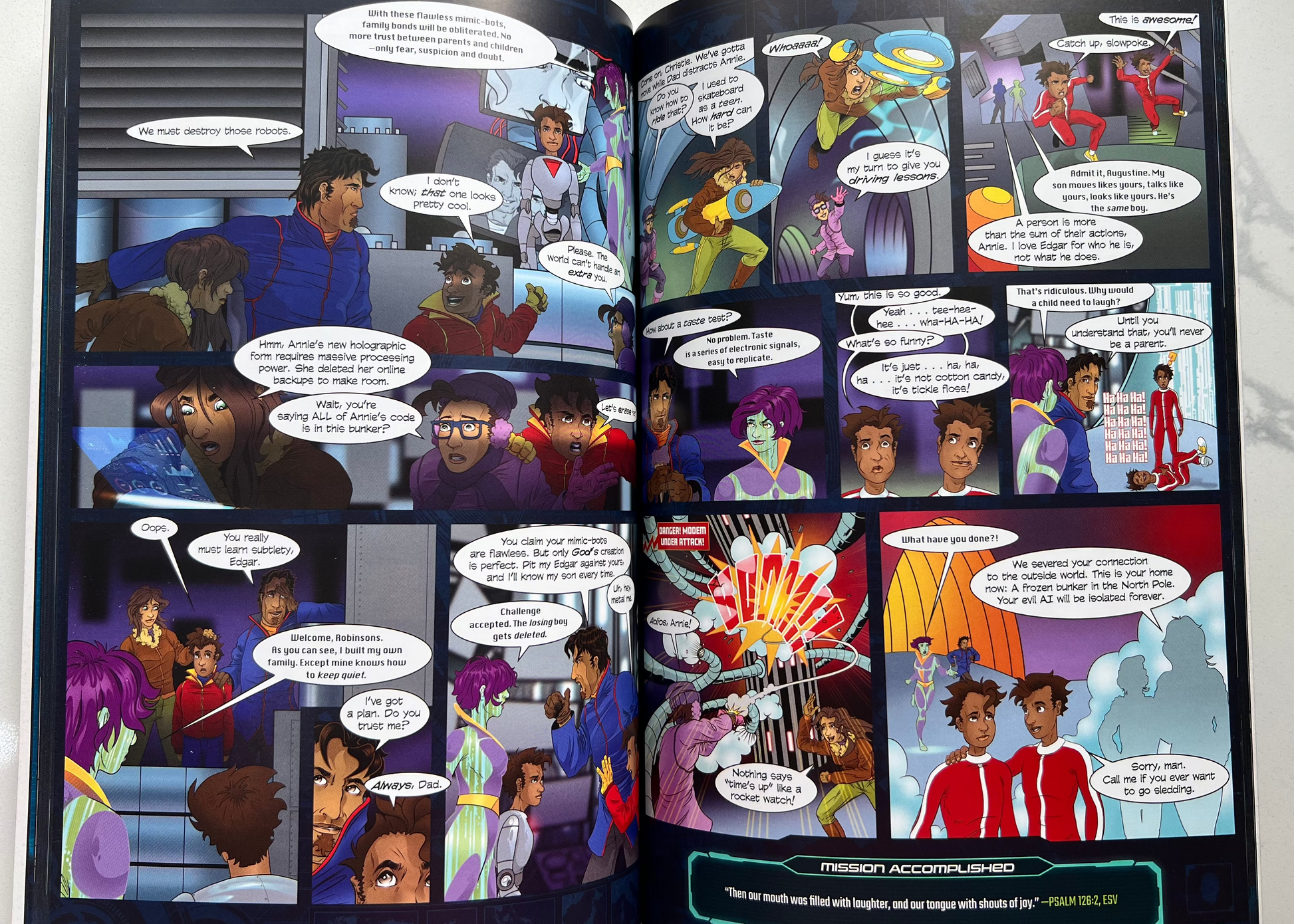 Interior comic panels of Sleuth Family Robinson – illustrated spy adventure pages from Christian graphic novel for kids ages 8–12