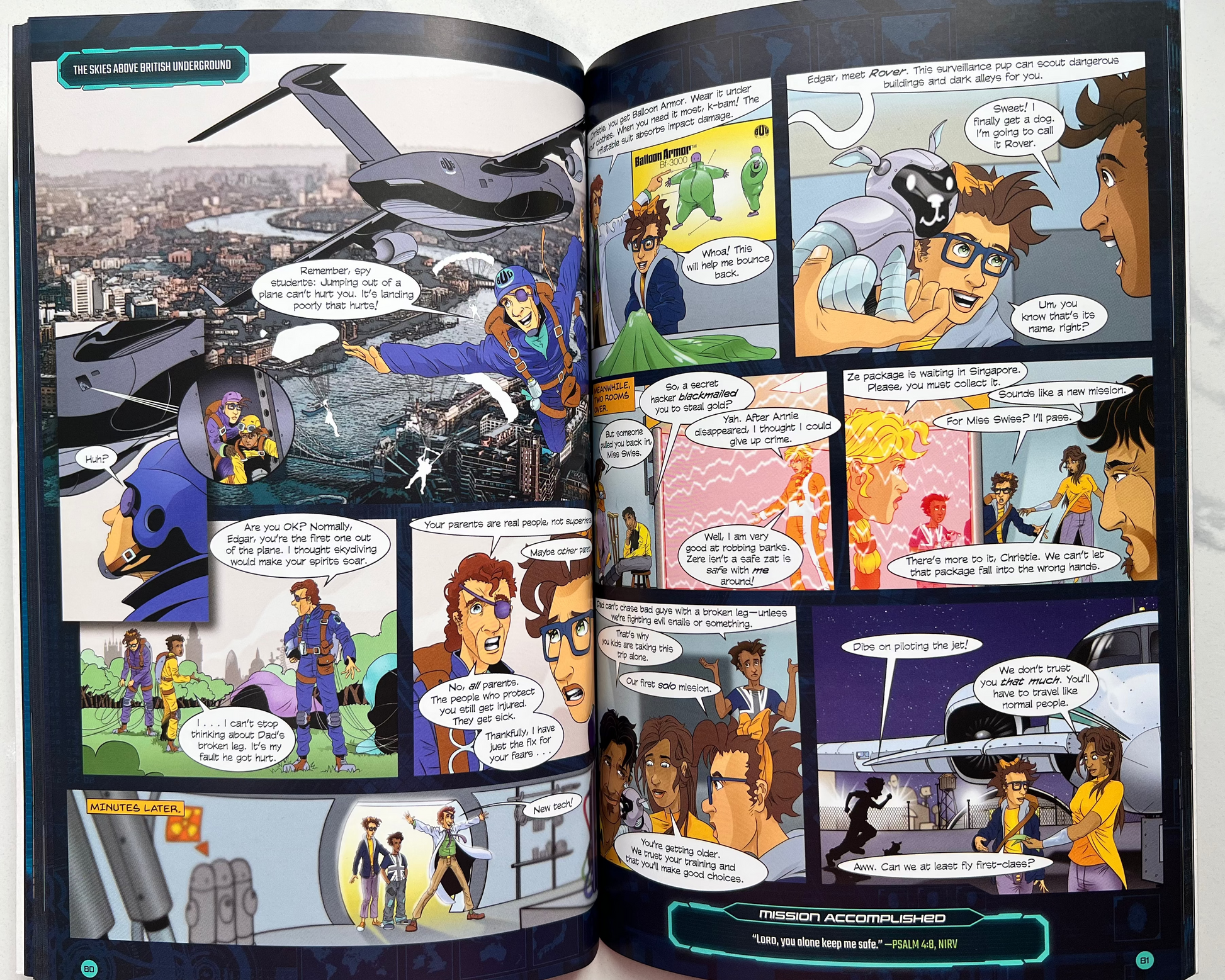 Interior spread of Sleuth Family Robinson – Christian spy graphic novel with multiple action comic panels for kids ages 8–12