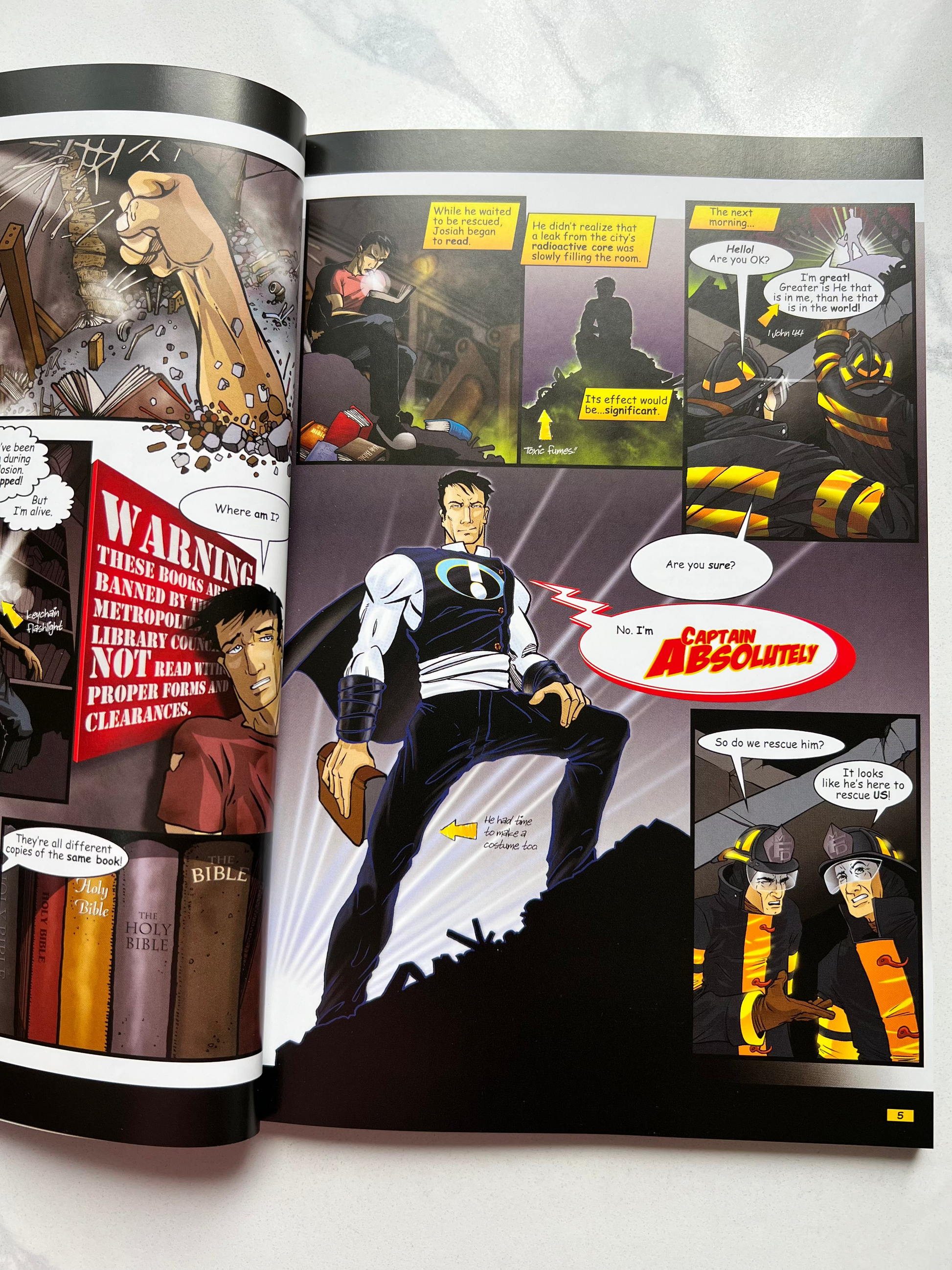 Interior pages of Captain Absolutely – Christian superhero graphic novel with illustrated comic panels and faith-based storytelling for kids ages 8–12