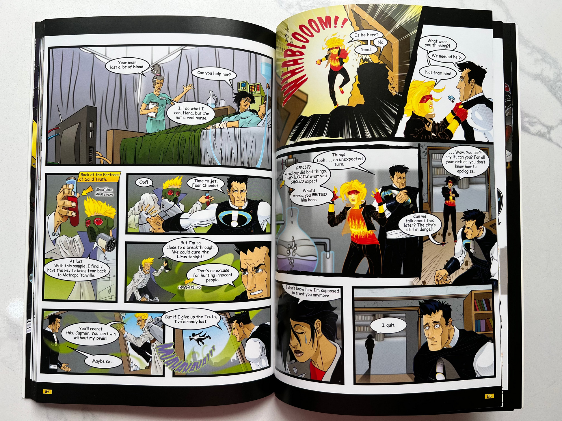 Interior spread of Captain Absolutely – Christian superhero graphic novel with multiple comic panels for kids ages 8–12 – Focus on the Family
