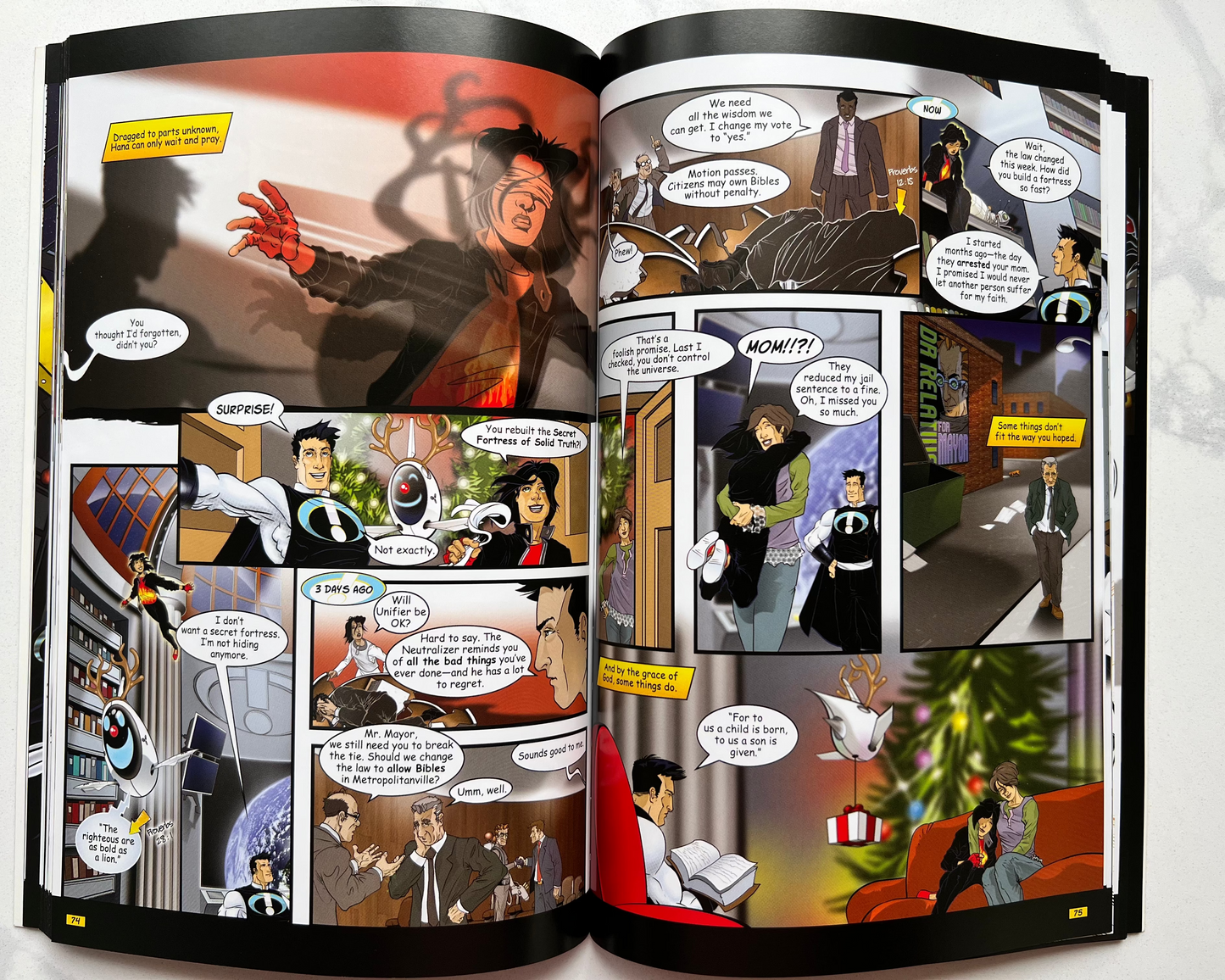 Interior pages of Captain Absolutely Revised & Expanded – illustrated comic panels from Christian superhero graphic novel for kids ages 8–12