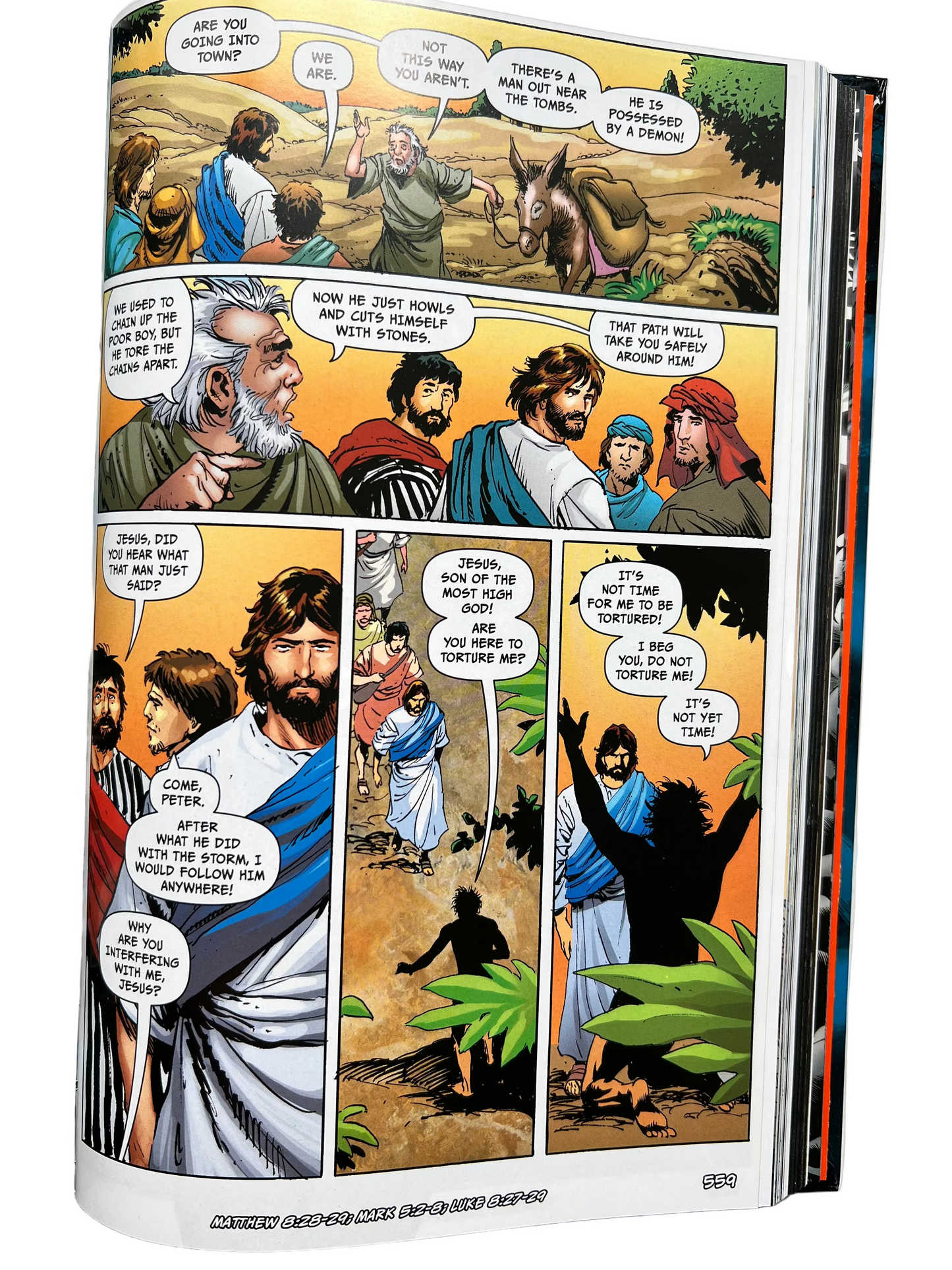 Interior pages of The Epic Bible – comic-style dialogue panels illustrating Bible stories by DC and Marvel artists – NLT graphic novel Bible for teens