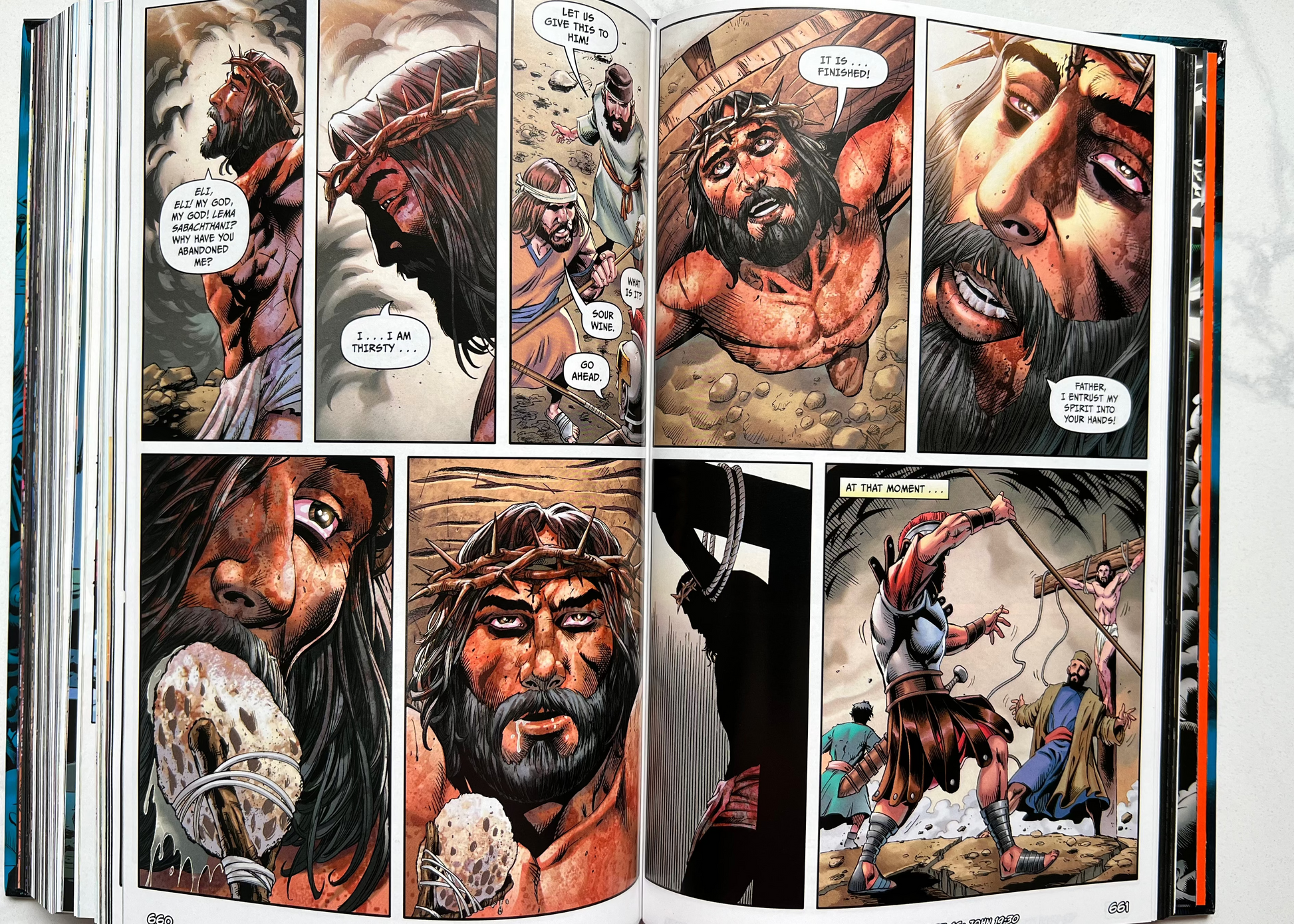 Interior spread of The Epic Bible – dramatic full-color character illustration from Scripture – Christian graphic novel Bible by DC and Marvel artists