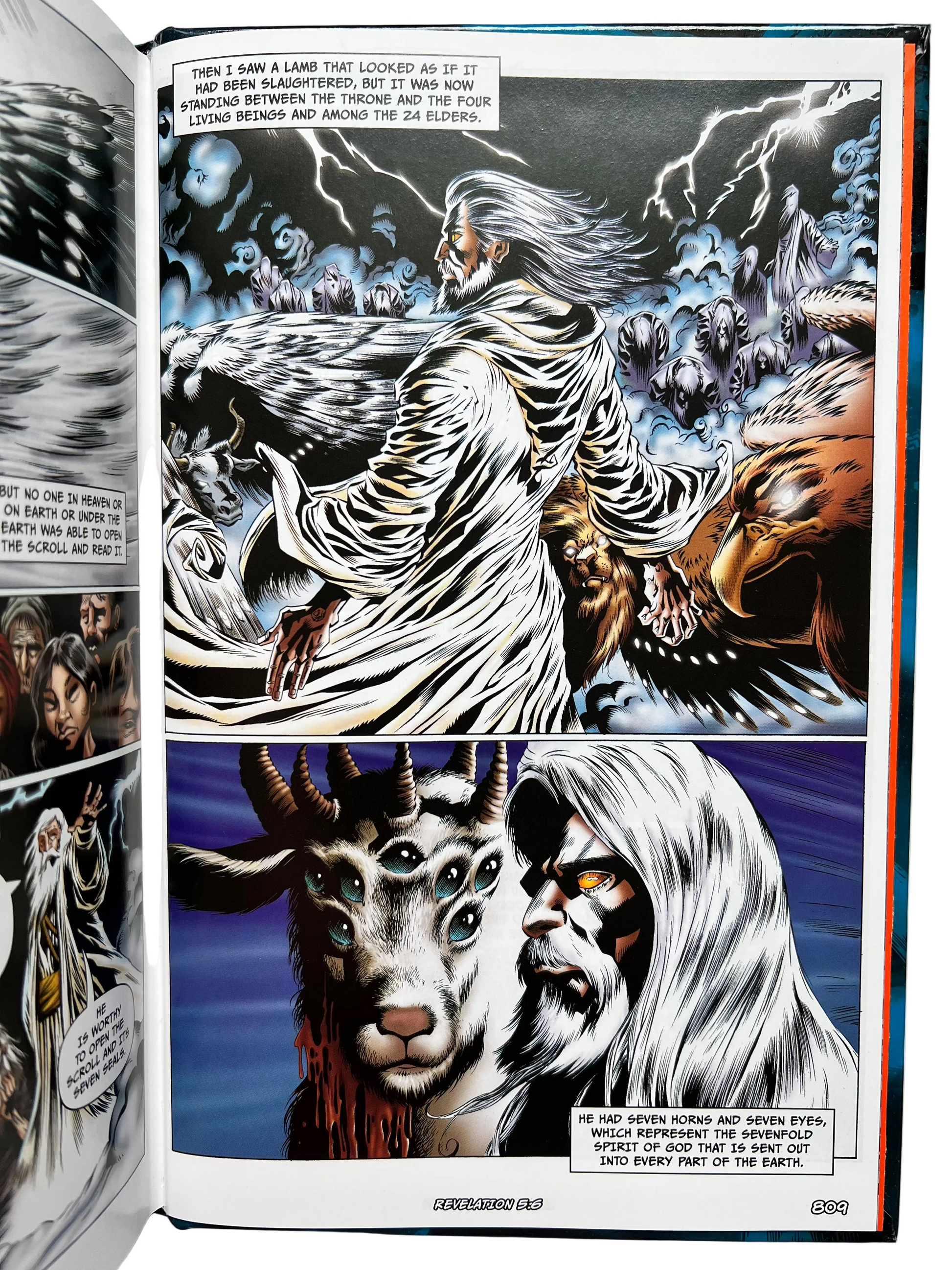 Interior spread of The Epic Bible – illustrated biblical scene with cloaked figure and animals – DC and Marvel artist Christian graphic novel Bible