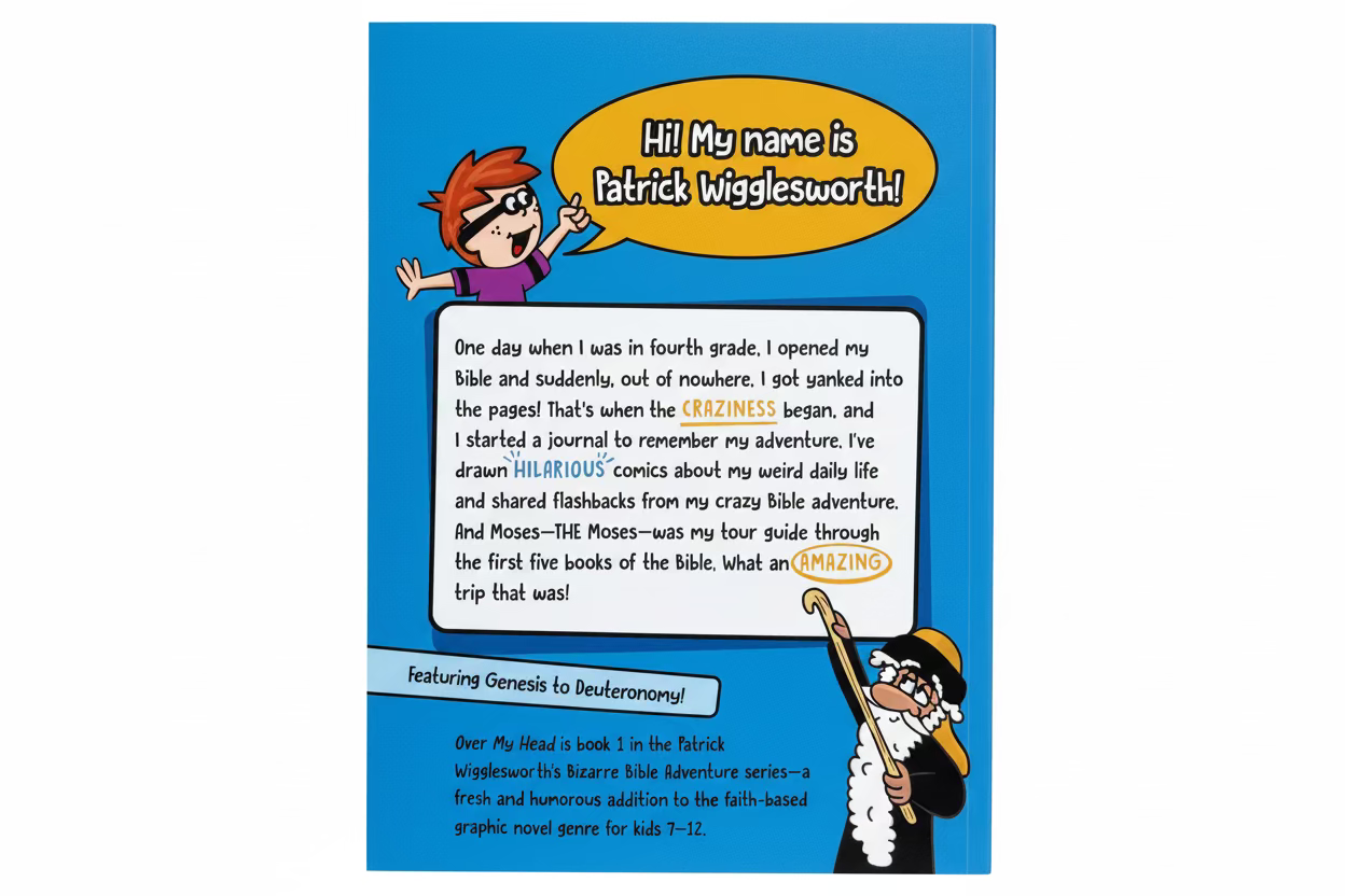 Patrick Wigglesworth character introduction page – Over My Head Bizarre Bible Adventures Book 1 – Christian comic journal for kids ages 7–12