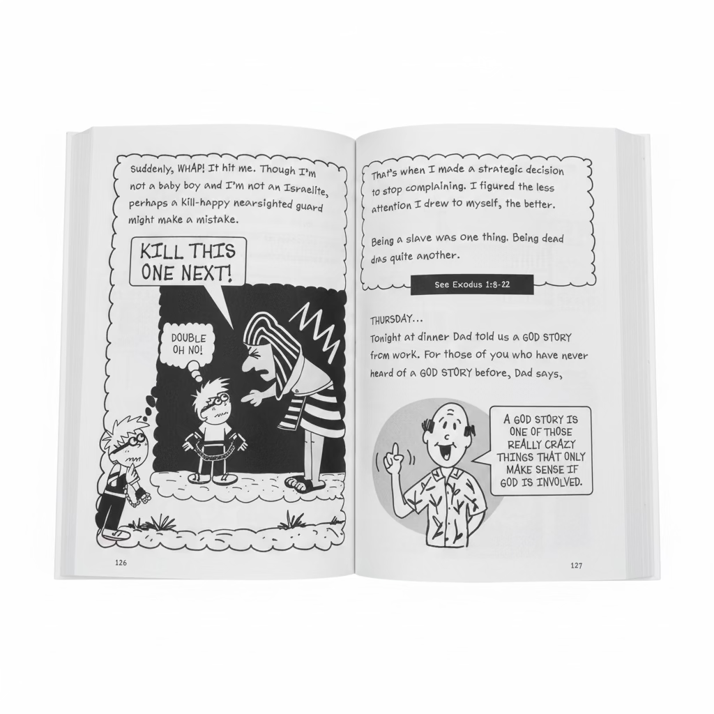 Bizarre Bible Adventures Bundle – Complete Set (Books 1–3) | Patrick Wigglesworth Christian Comic Journal for Kids Ages 7–12. Interior pages of Book 1 from the Bizarre Bible Adventures Bundle – black and white comic journal illustrations with biblical humor for kids ages 7–12