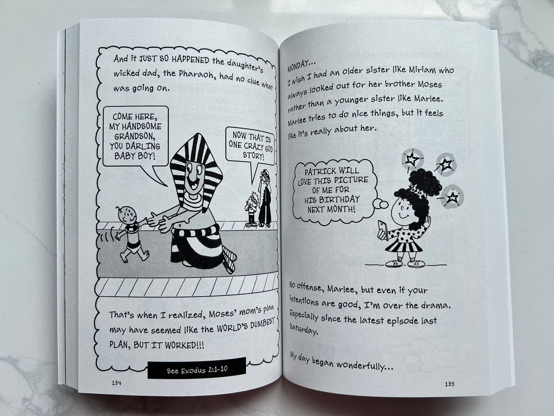 Interior pages of Over My Head – Patrick Wigglesworth's Bizarre Bible Adventures Book 1 – black and white comic journal illustrations for kids ages 7–12