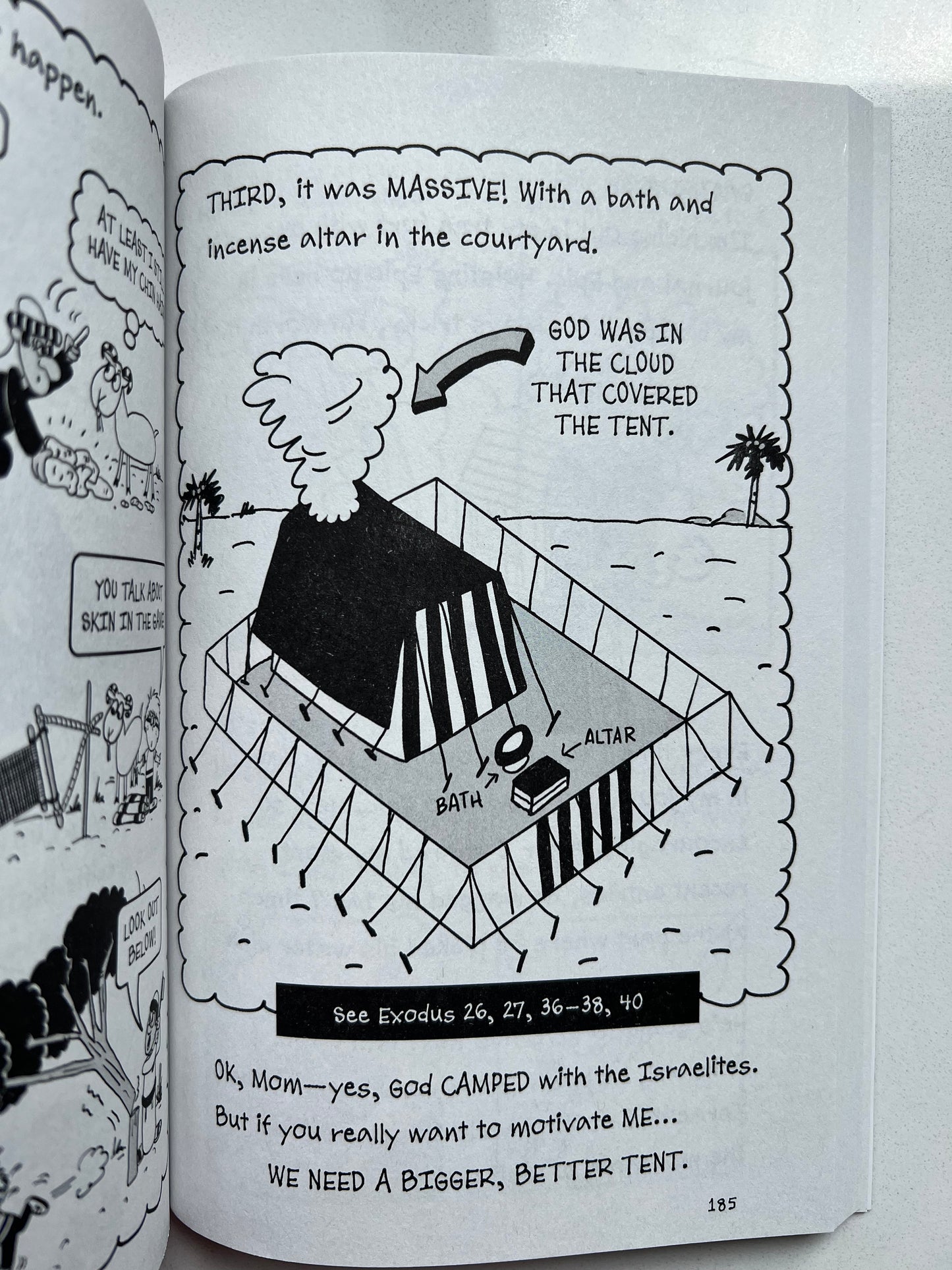 Interior spread of Over My Head – Bizarre Bible Adventures Book 1 – comic journal page referencing Exodus with biblical humor for kids ages 7–12