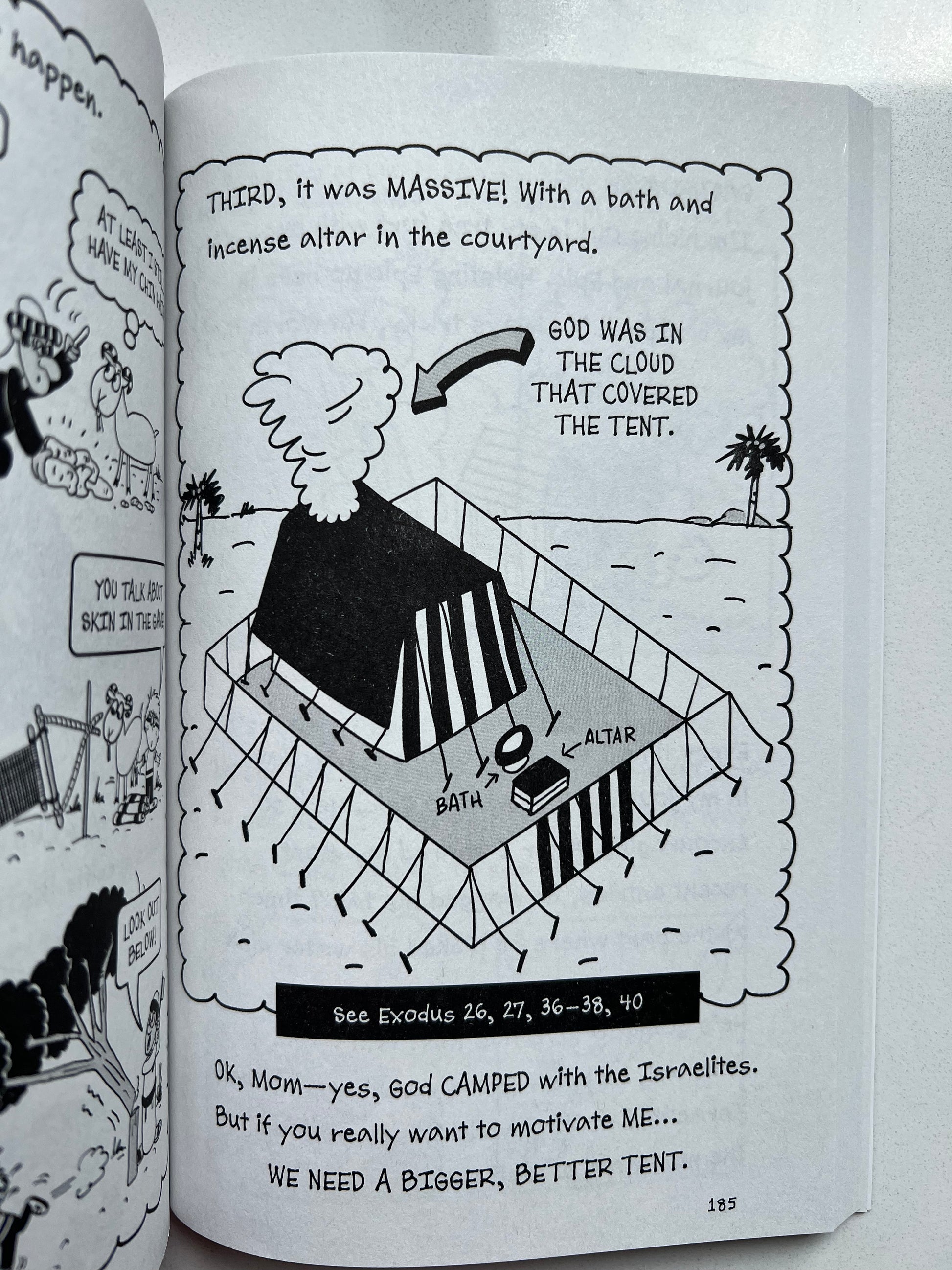 Interior spread of Over My Head – Bizarre Bible Adventures Book 1 – comic journal page referencing Exodus with biblical humor for kids ages 7–12