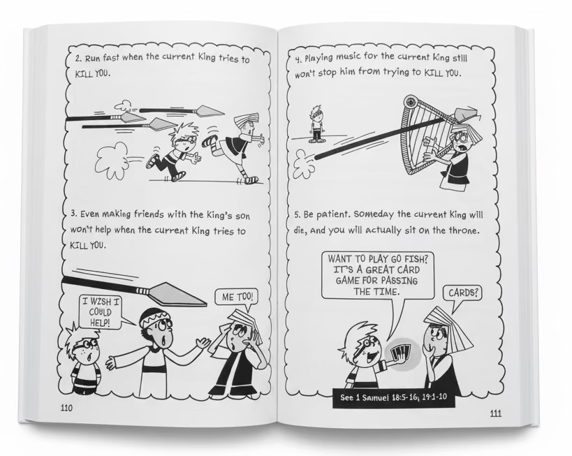 Bizarre Bible Adventures Bundle – Complete Set (Books 1–3) | Patrick Wigglesworth Christian Comic Journal for Kids Ages 7–12. Interior pages of Book 2 from the Bizarre Bible Adventures Bundle – comic journal illustrations with faith-based storytelling for kids ages 7–12