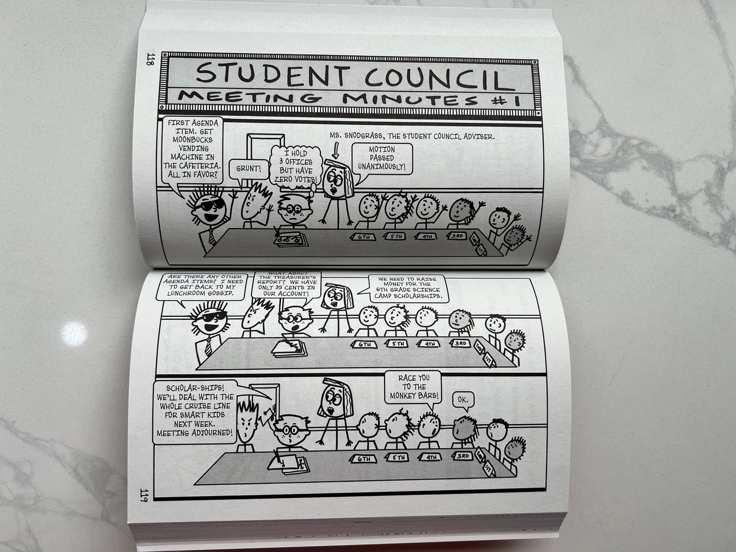 Interior spread of Tricky Times – Patrick Wigglesworth's Bizarre Bible Adventures Book 2 – comic journal pages featuring student council storyline for kids ages 7–12