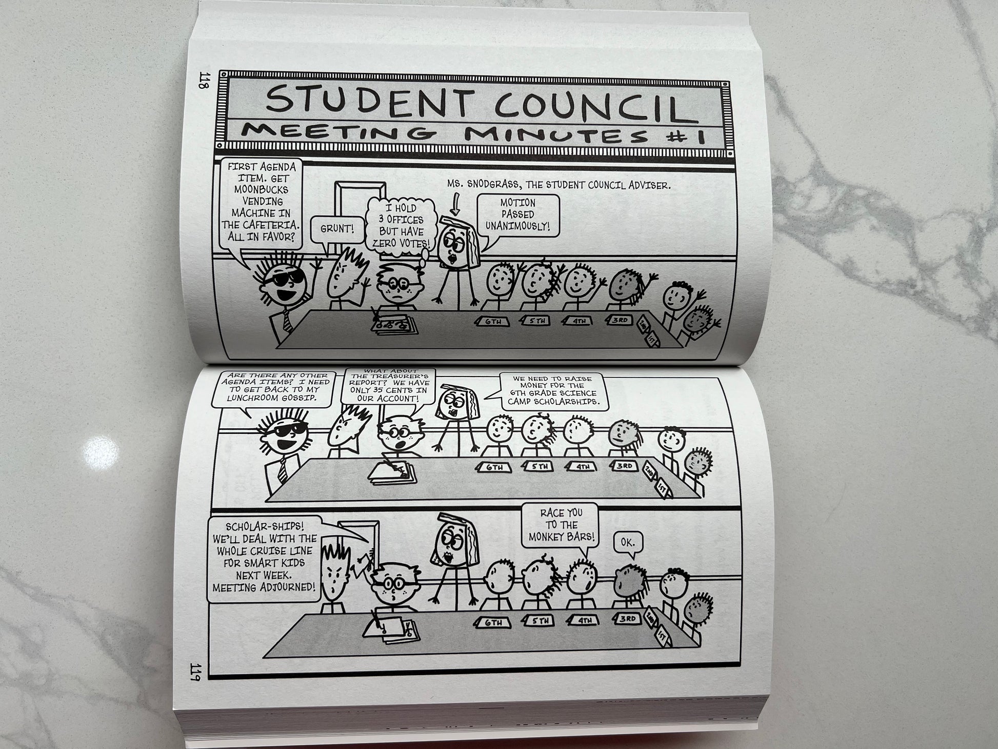 Interior spread of Tricky Times – Patrick Wigglesworth's Bizarre Bible Adventures Book 2 – comic journal pages featuring student council storyline for kids ages 7–12