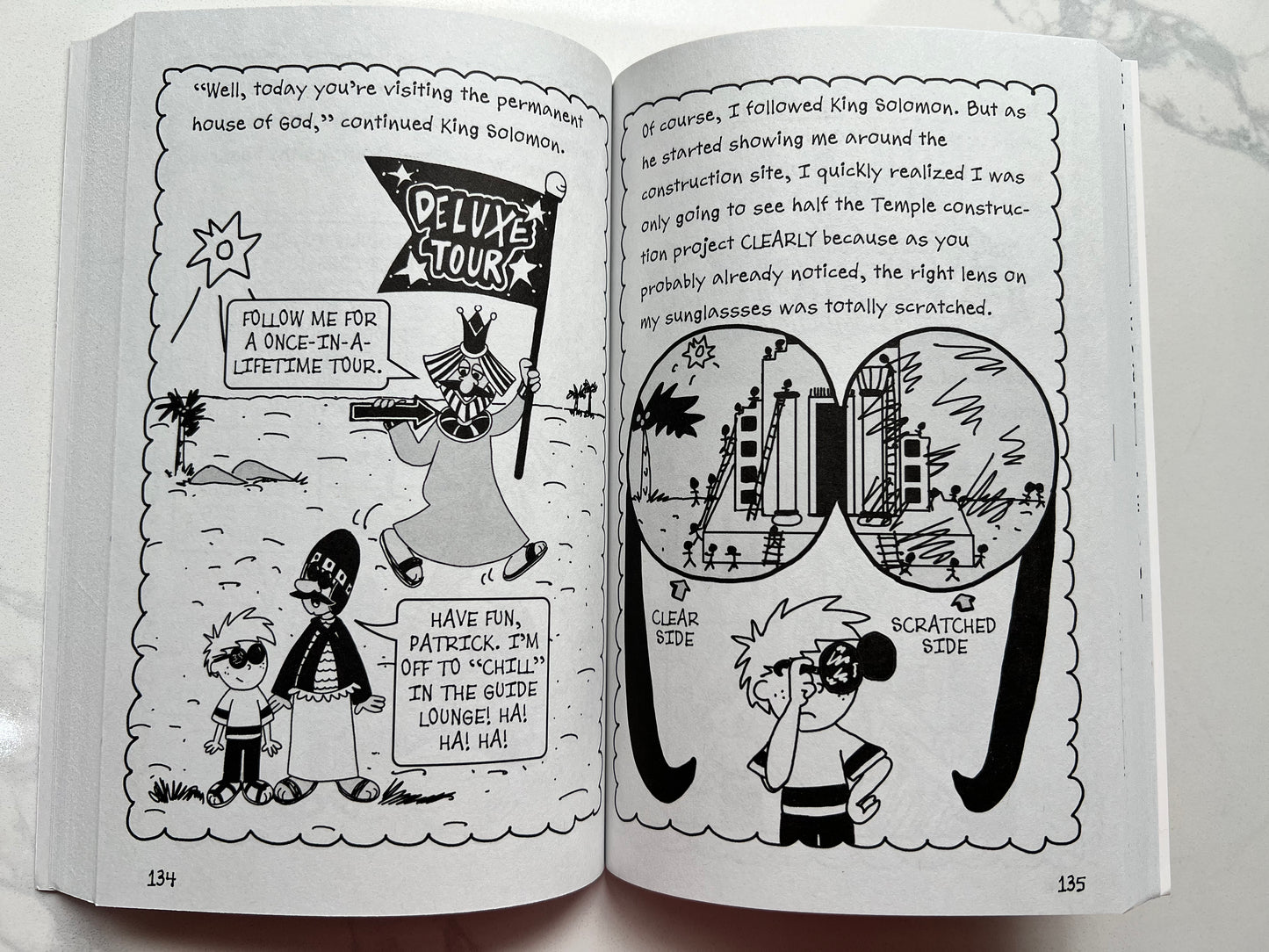 Interior pages of Tricky Times – Patrick Wigglesworth's Bizarre Bible Adventures Book 2 – black and white comic journal illustrations for kids ages 7–12 