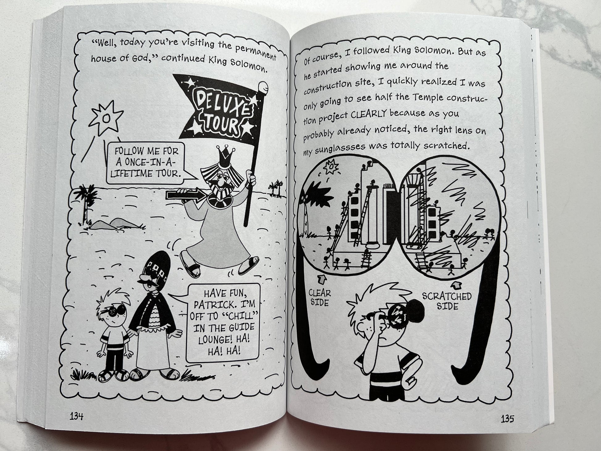 Interior pages of Tricky Times – Patrick Wigglesworth's Bizarre Bible Adventures Book 2 – black and white comic journal illustrations for kids ages 7–12 