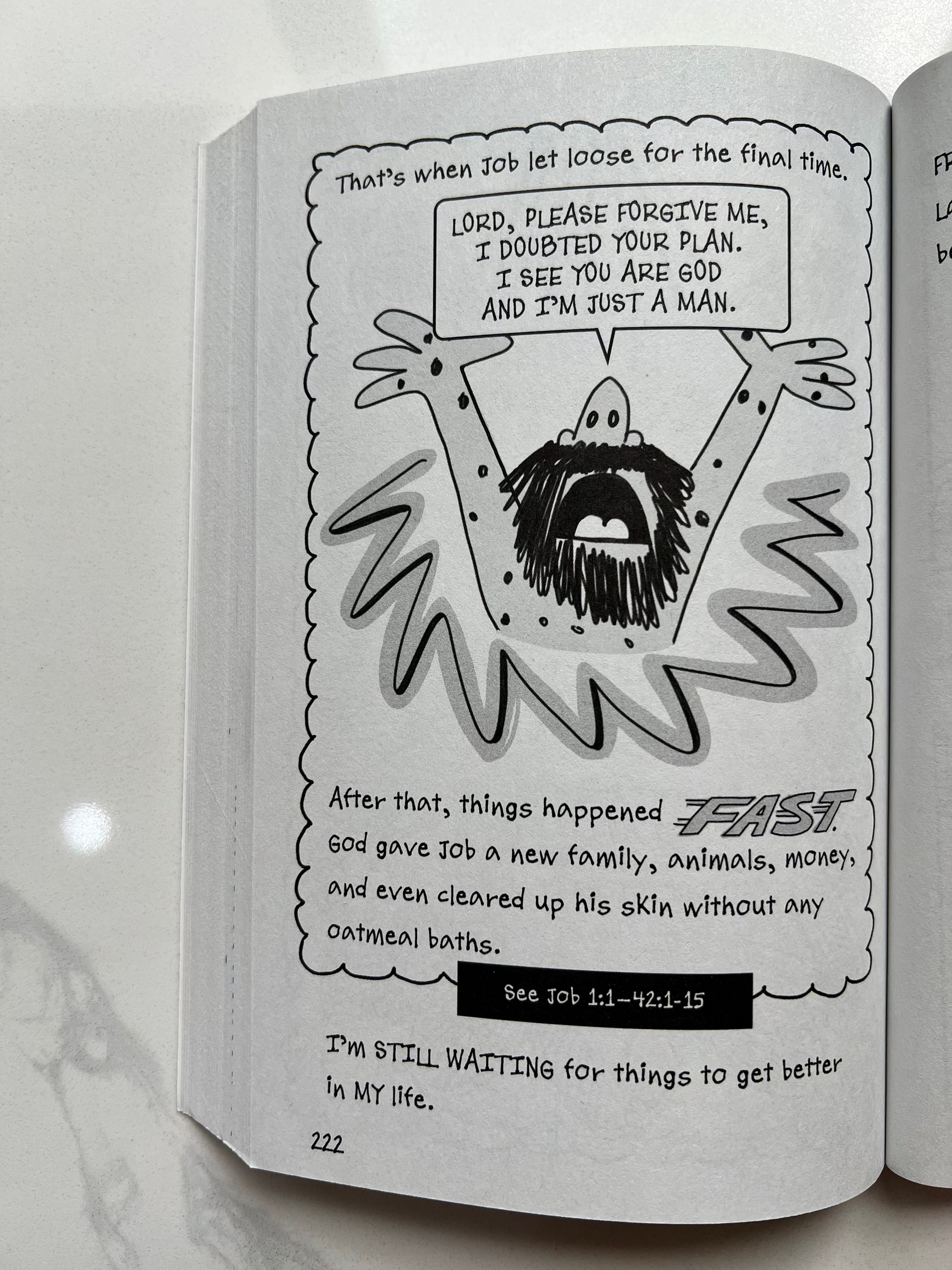 Interior spread of Tricky Times – Bizarre Bible Adventures Book 2 – black and white comic journal illustration with faith-based storytelling for kids