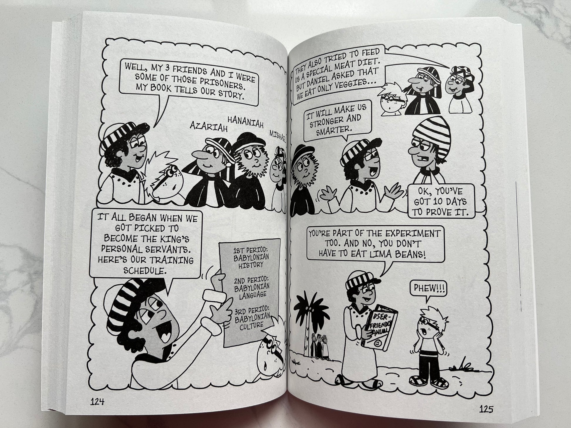 Interior spread of Dangerous Dilemmas – Patrick Wigglesworth's Bizarre Bible Adventures Book 3 – black and white comic journal pages for kids ages 7–12