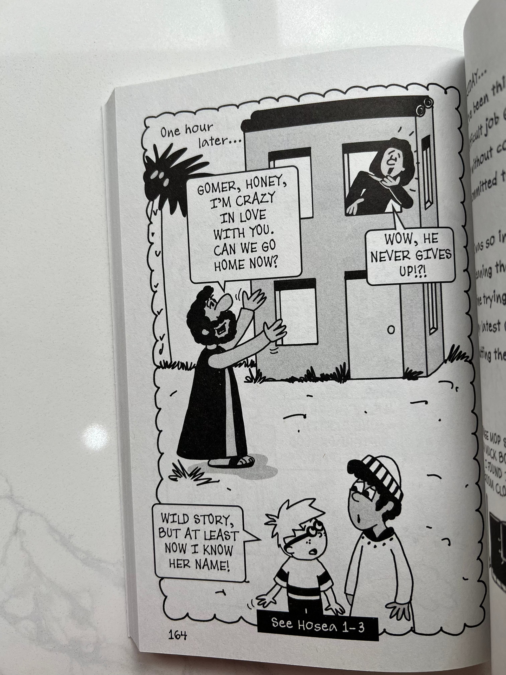 Interior pages of Dangerous Dilemmas – Bizarre Bible Adventures Book 3 – black and white comic journal illustrations with biblical humor for kids ages 7–12