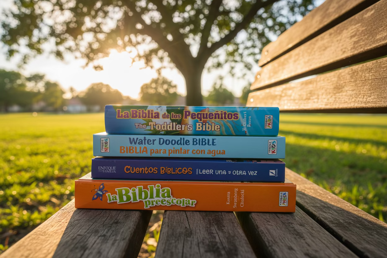 Spanish Toddler Bible Library Bundle – 4-Book Faith Gift Set | Biblioteca Bíblica en Español. Four books from the Spanish Toddler Bible Library Bundle stacked – Spanish and bilingual Bible books for toddlers and preschoolers ages 2–6