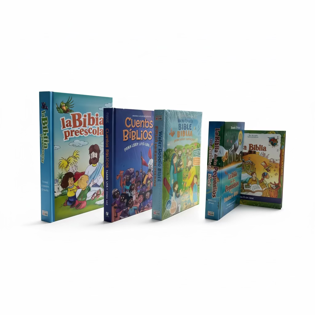 Spanish Toddler Bible Library Bundle – 4-Book Faith Gift Set | Biblioteca Bíblica en Español. Full set view of the Spanish Toddler Bible Library Bundle – 4 Spanish and bilingual children's Bible books for toddlers ages 2–6 – Christian faith gift set