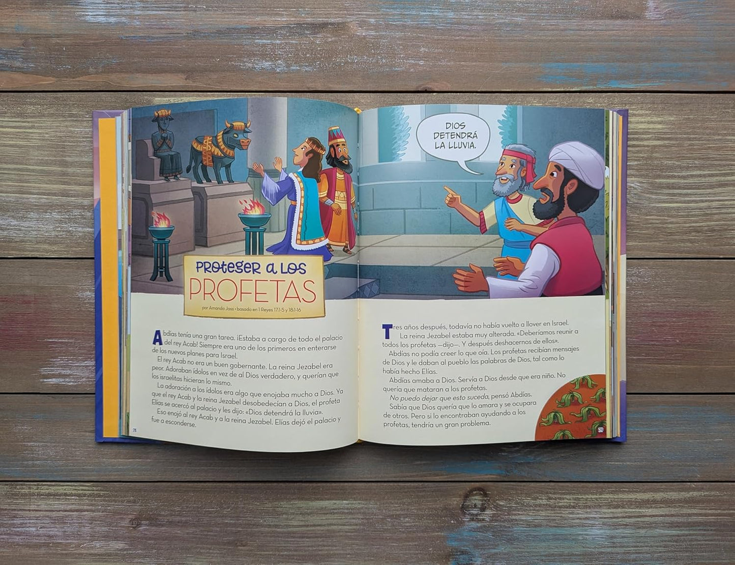 Interior spread of Cuentos Bíblicos para Leer una y Otra Vez – Read Again and Again Bible Storybook in Spanish showing illustrated Bible story for ages 3–7