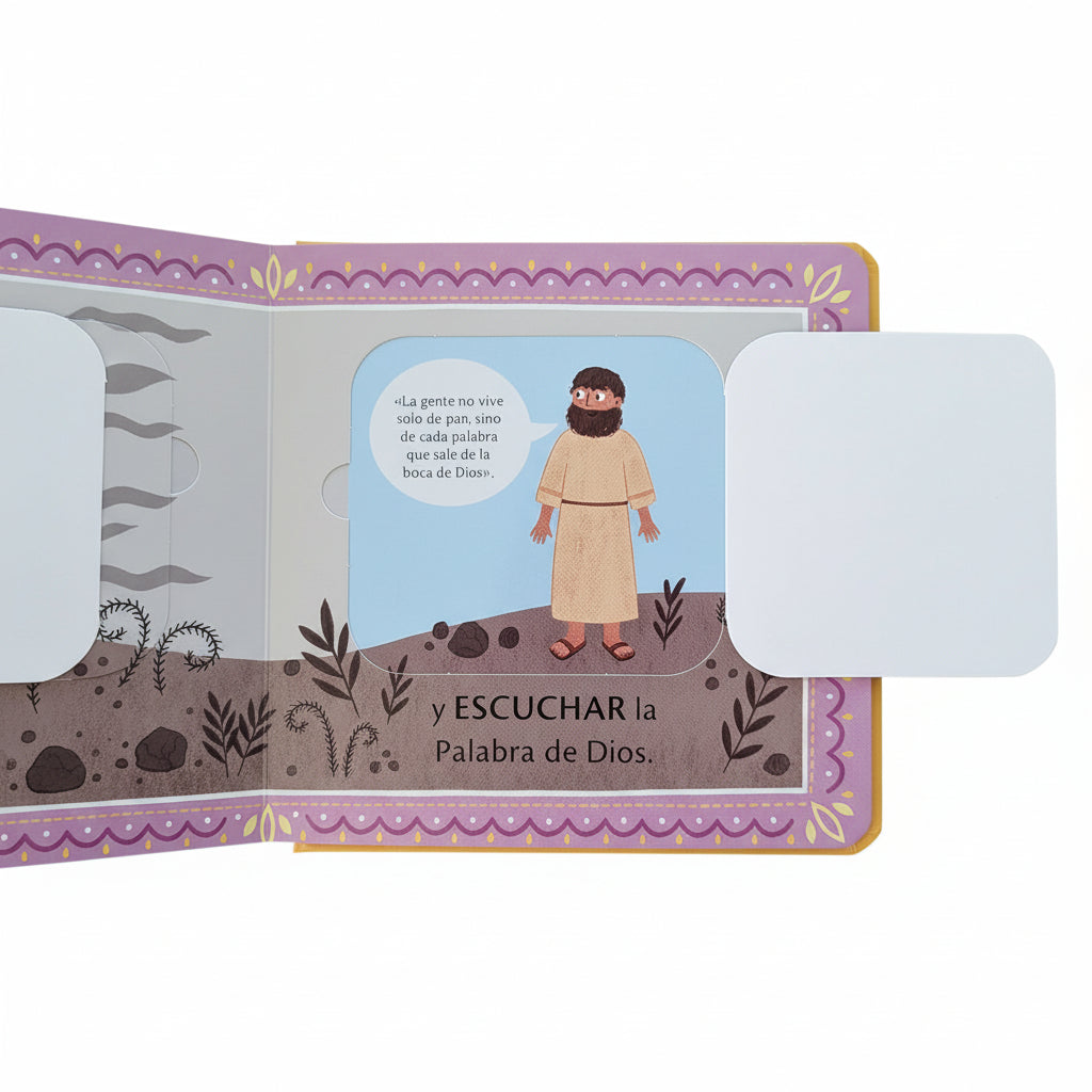 Interior lift-the-flap page of ¿Para qué son los oídos? – Spanish Christian board book teaching toddlers ages 2–4 to listen and obey God's Word