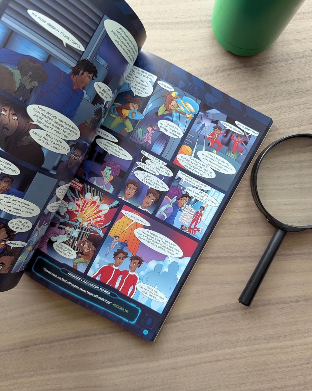 Interior comic panels of Sleuth Family Robinson – illustrated spy mission pages with speech bubbles from Christian graphic novel for kids ages 8–12