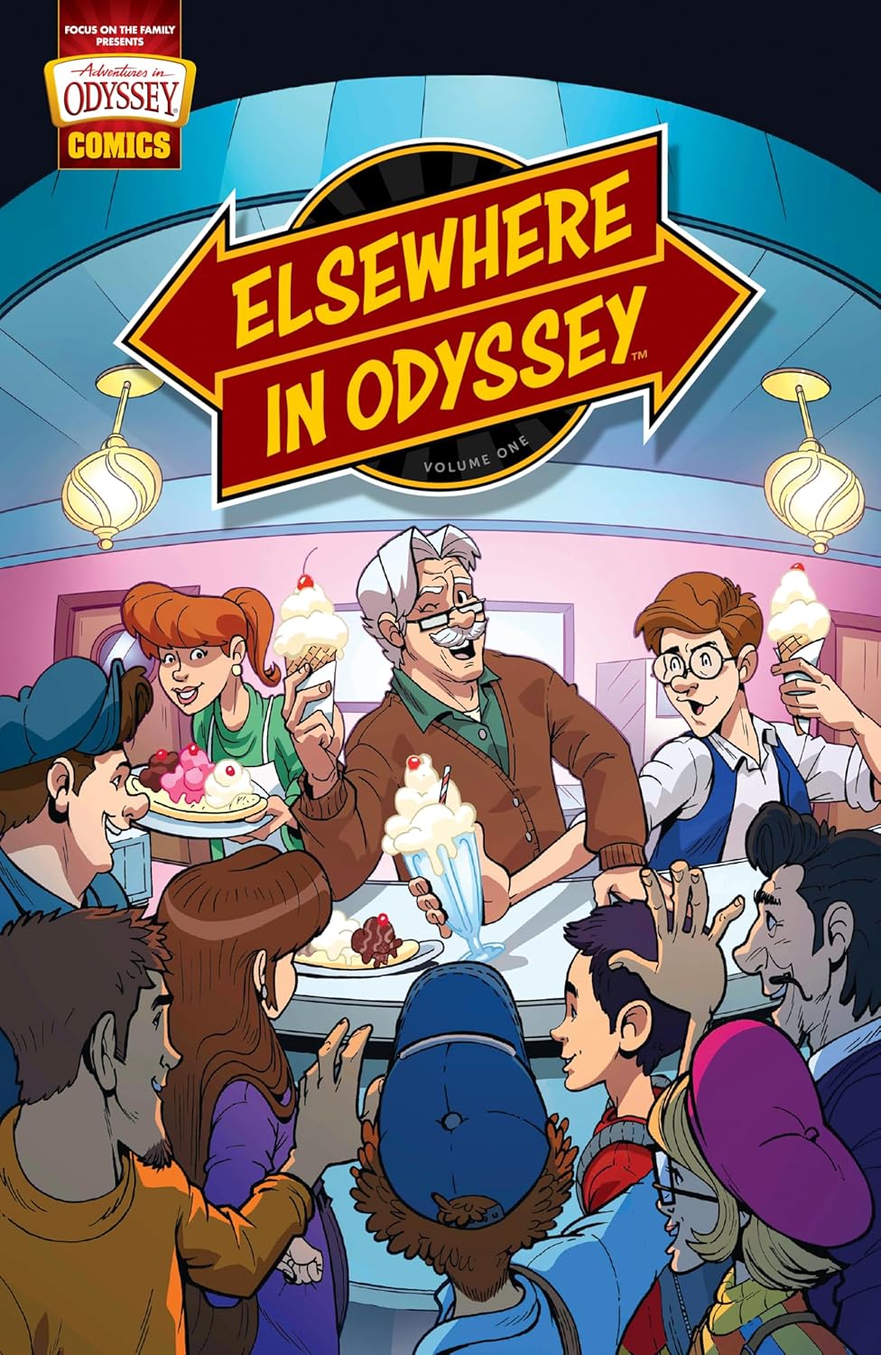 Elsewhere in Odyssey Vol. 1 – Adventures in Odyssey Christian graphic novel cover featuring characters in a diner – faith-based comic for kids ages 8–12