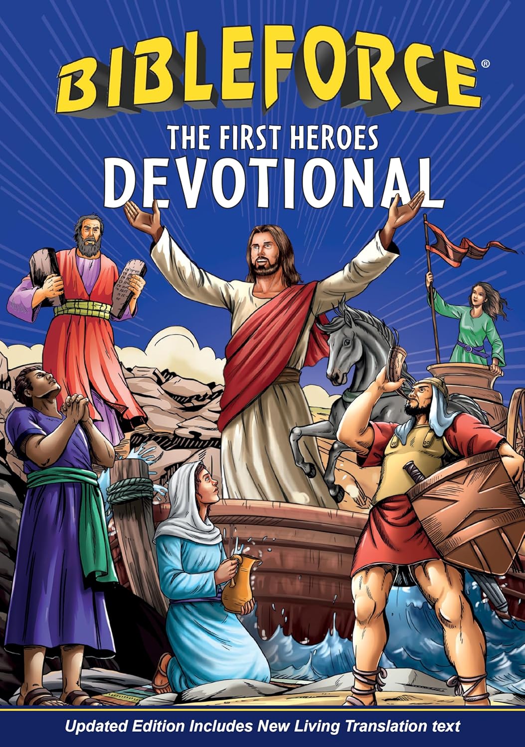 BibleForce: The First Heroes Devotional cover – illustrated Christian kids devotional with biblical superhero characters – ages 7–12