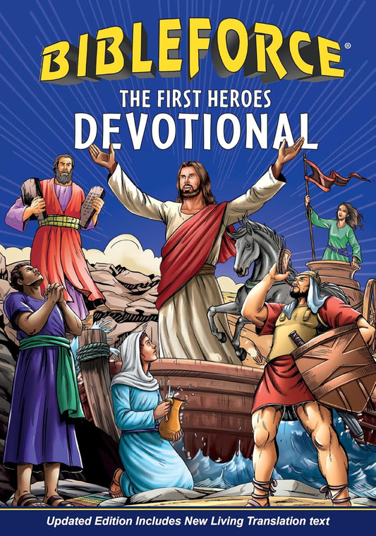 BibleForce: The First Heroes Devotional cover – illustrated Christian kids devotional with biblical superhero characters – ages 7–12