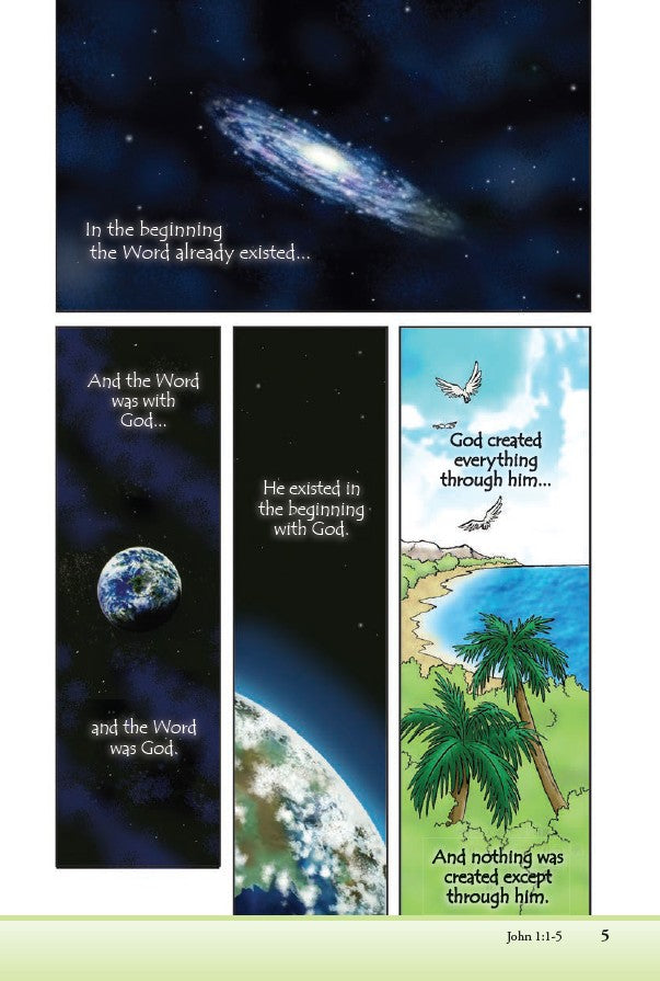 Manga Metamorphosis – Christian Manga Bible Story Book for Kids, Teens & Devotional Reading. Illustrated pages from a religious text with celestial scenes and text about creation.