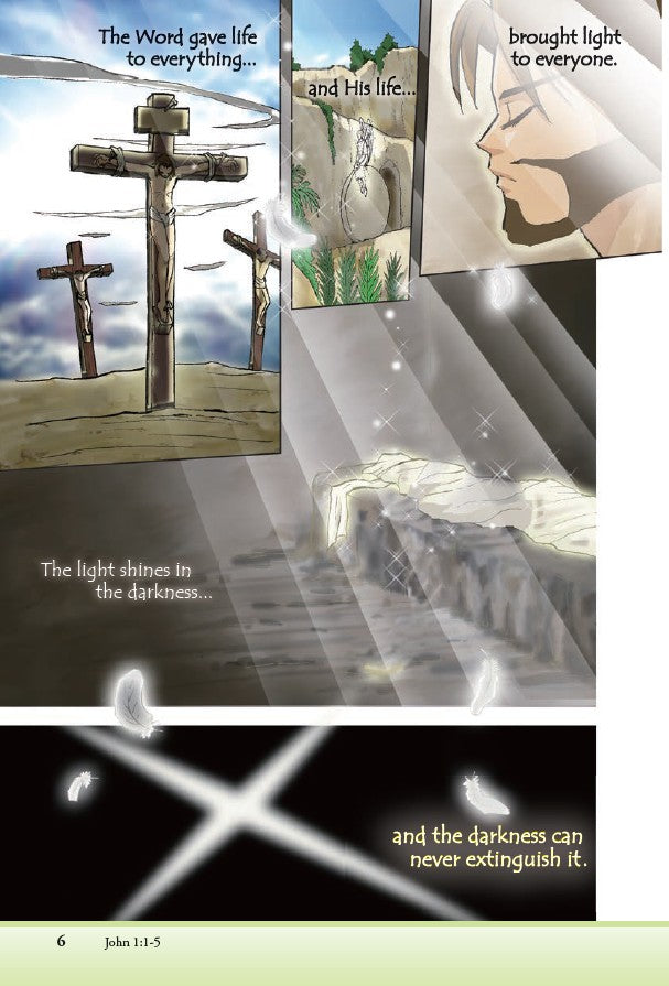 Manga Metamorphosis – Christian Manga Bible Story Book for Kids, Teens & Devotional Reading. Comic book page with religious symbols and text about light and darkness.