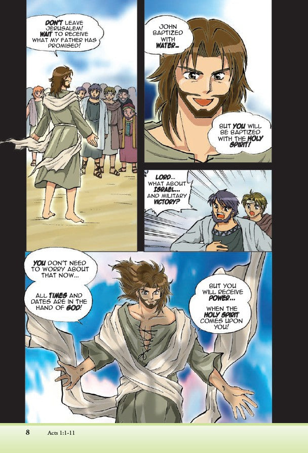Manga Metamorphosis – Christian Manga Bible Story Book for Kids, Teens & Devotional Reading. Comic book panel with characters discussing baptism and the Holy Spirit.