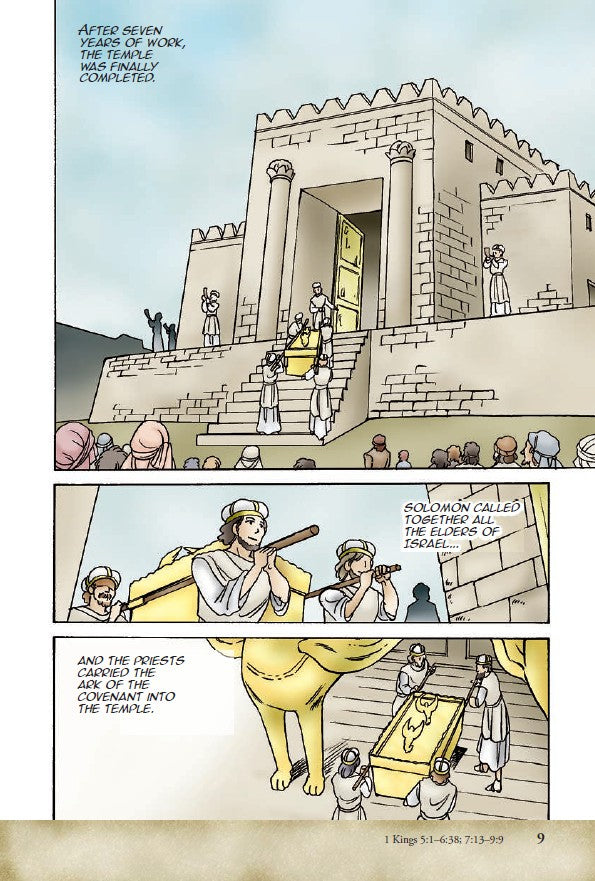 Manga Messengers – Christian Manga Bible Stories About Prophets | Bible Study Book for Kids, Teens & Young Adults. Comic strip depicting the construction and dedication of the Temple, with people around a large building.