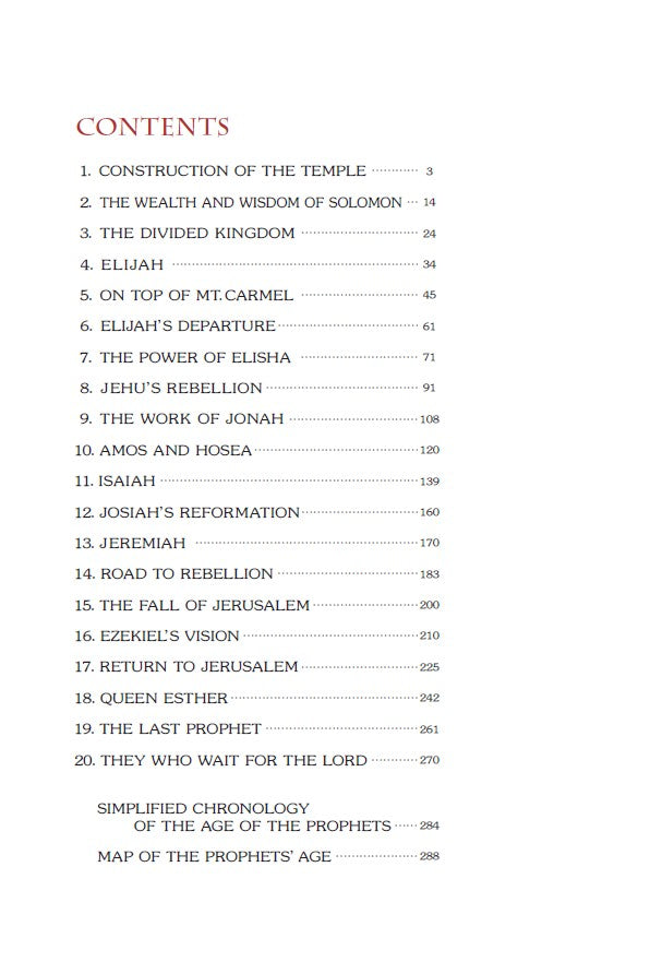 Manga Messengers – Christian Manga Bible Stories About Prophets | Bible Study Book for Kids, Teens & Young Adults. Table of contents for a book on the prophets, listing chapters and their page numbers.