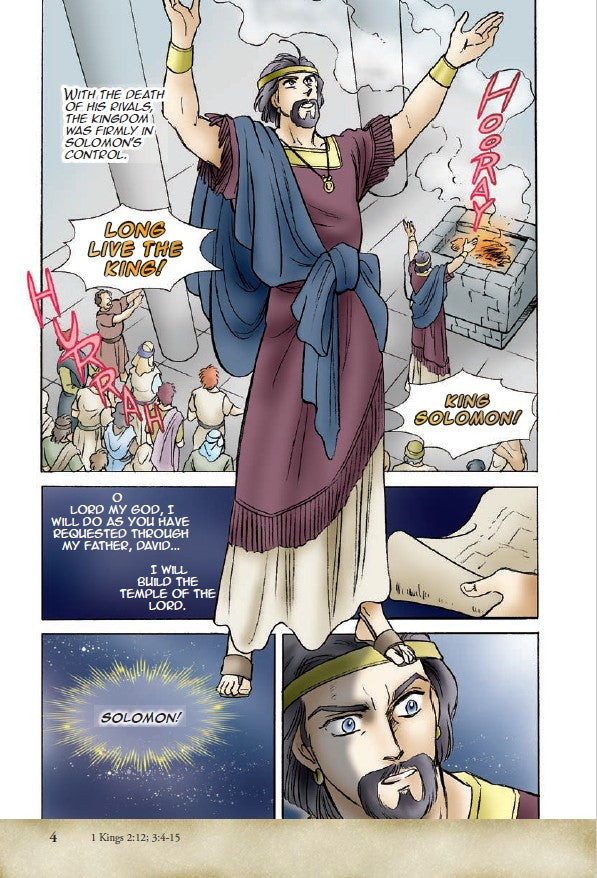Manga Messengers – Christian Manga Bible Stories About Prophets | Bible Study Book for Kids, Teens & Young Adults. Comic strip featuring a character in regal attire with text bubbles and a star symbol.